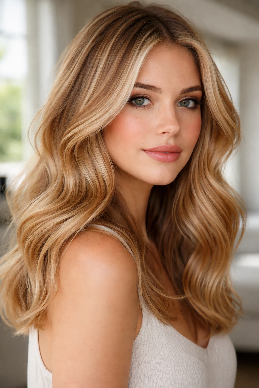 Close-up portrait of a real person with soft copper lowlights in blonde hair under natural light.