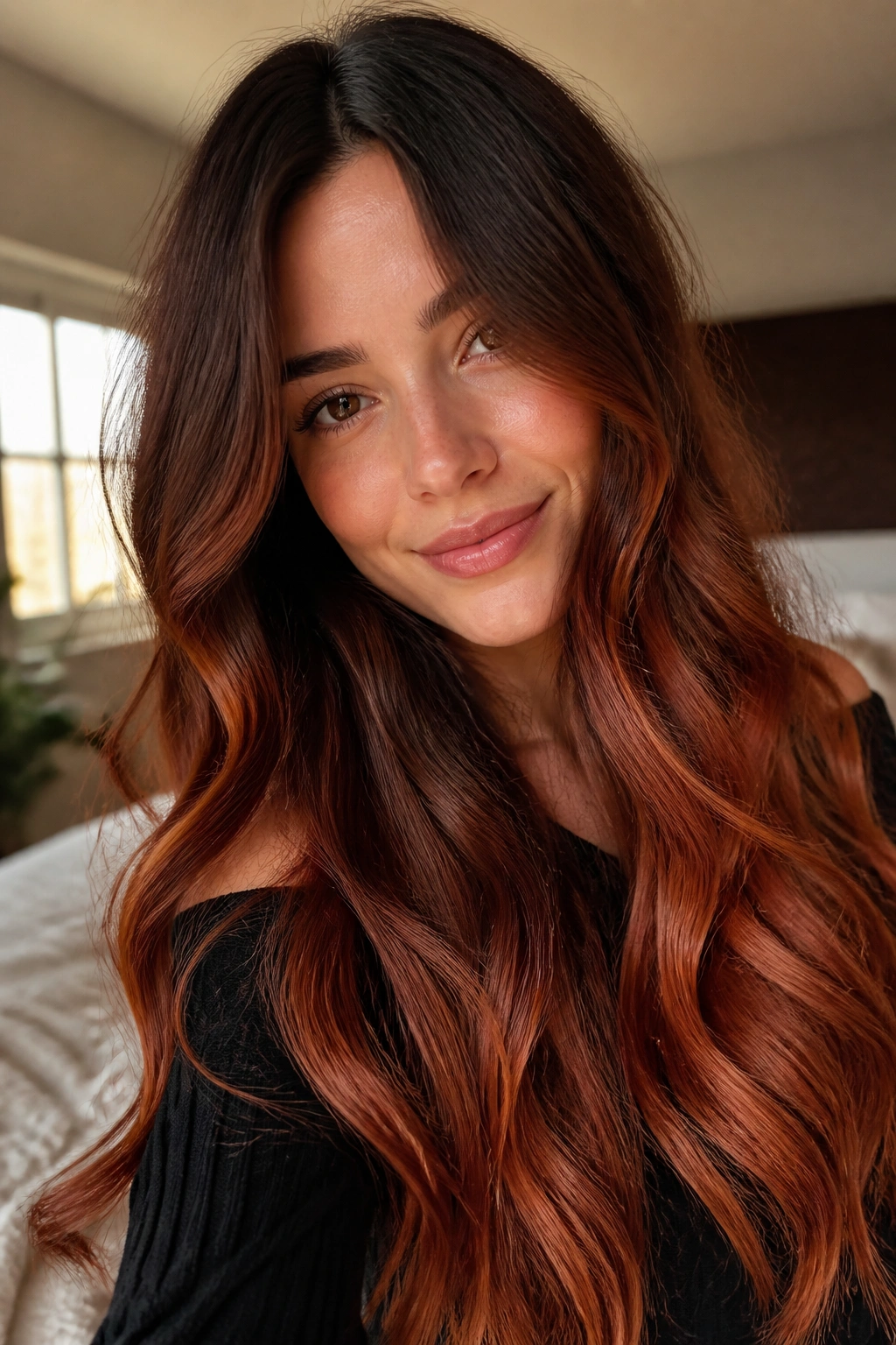 Close-up of a real woman with soft copper melt on long hair in warm window light