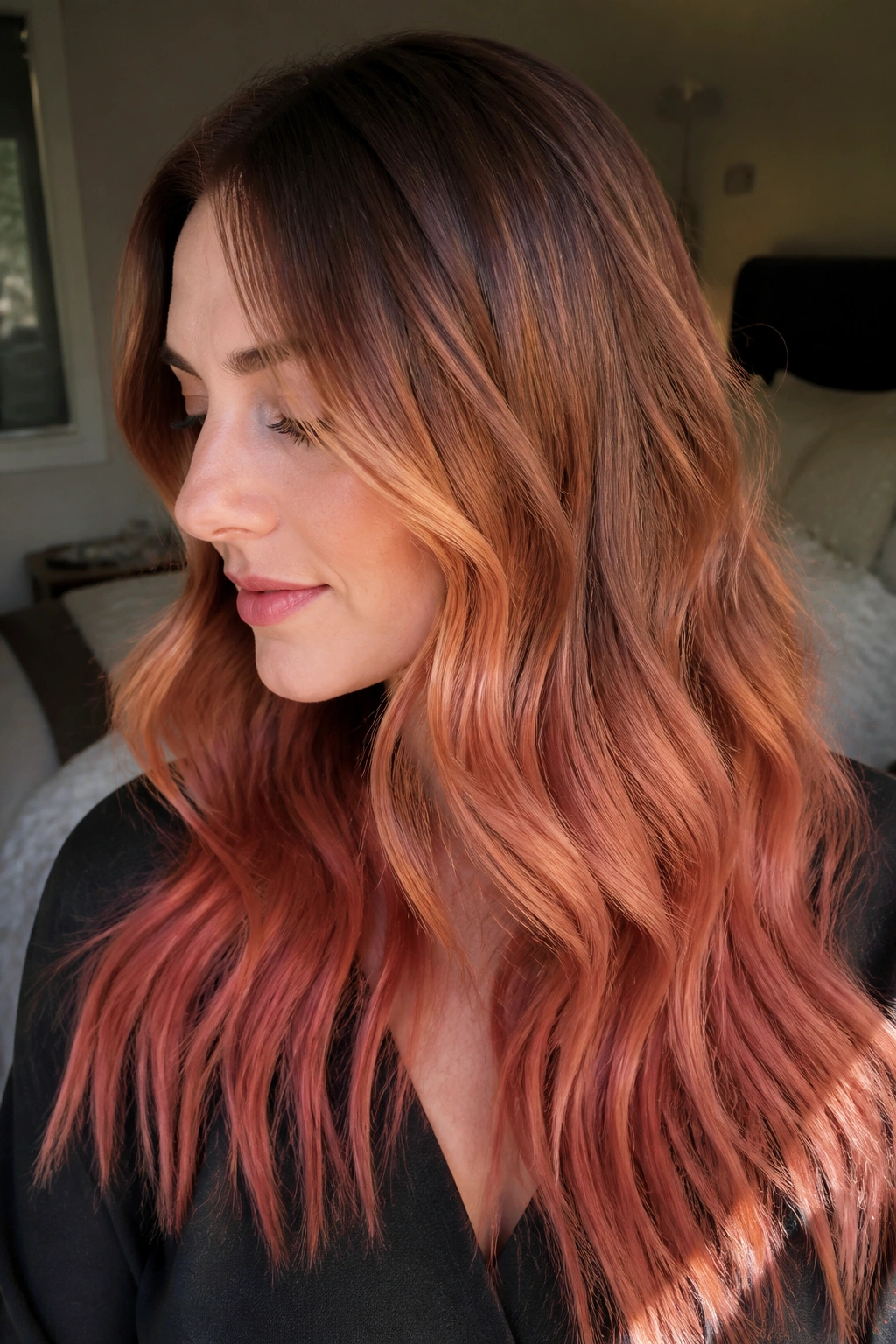 Close-up of a real woman's long wavy hair showing a copper melt ombre from dark roots to strawberry ends