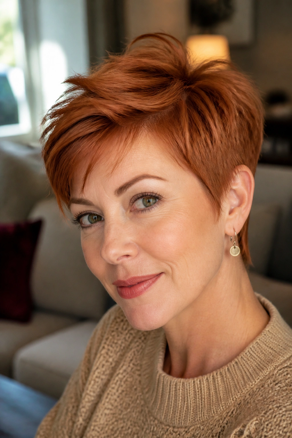 Close-up portrait of a real woman with a soft copper red pixie cut and feathered crown in warm window light