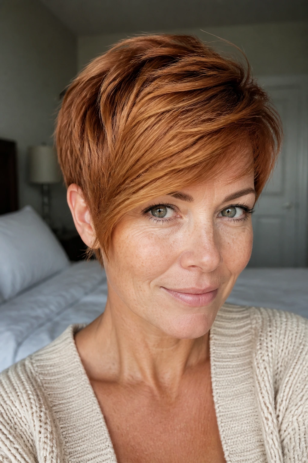 Close-up of a real woman with a soft copper pixie and side-swept fringe, full frame