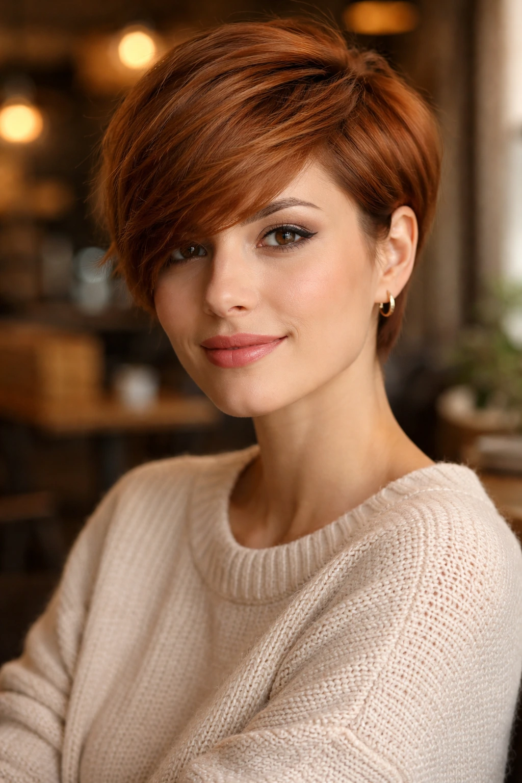 Close-up of a real woman with a soft copper side-swept pixie in warm indoor lighting.
