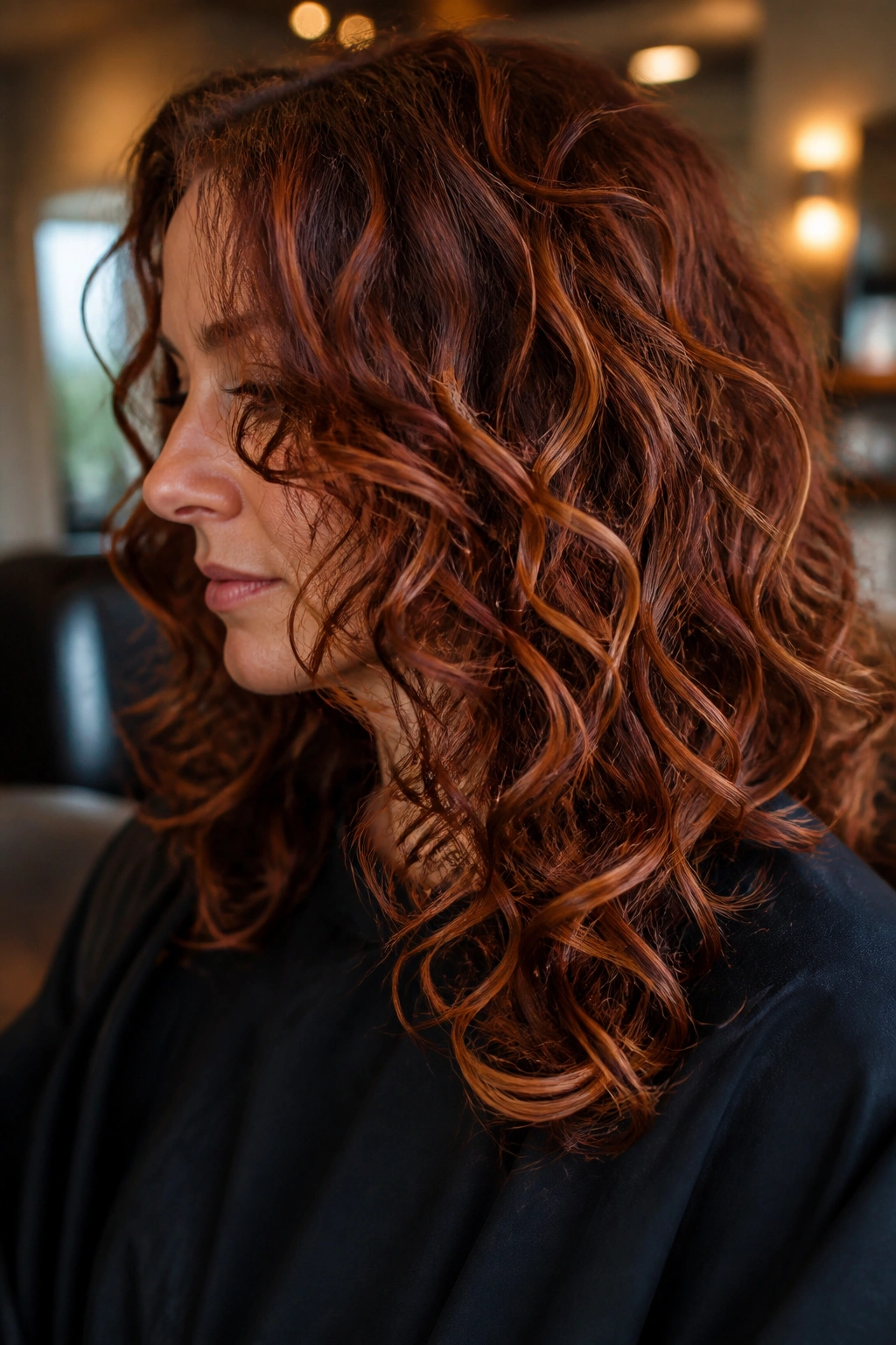 Close-up of a real woman with soft copper ribbons woven into curly hair, hand-painted copper highlights.