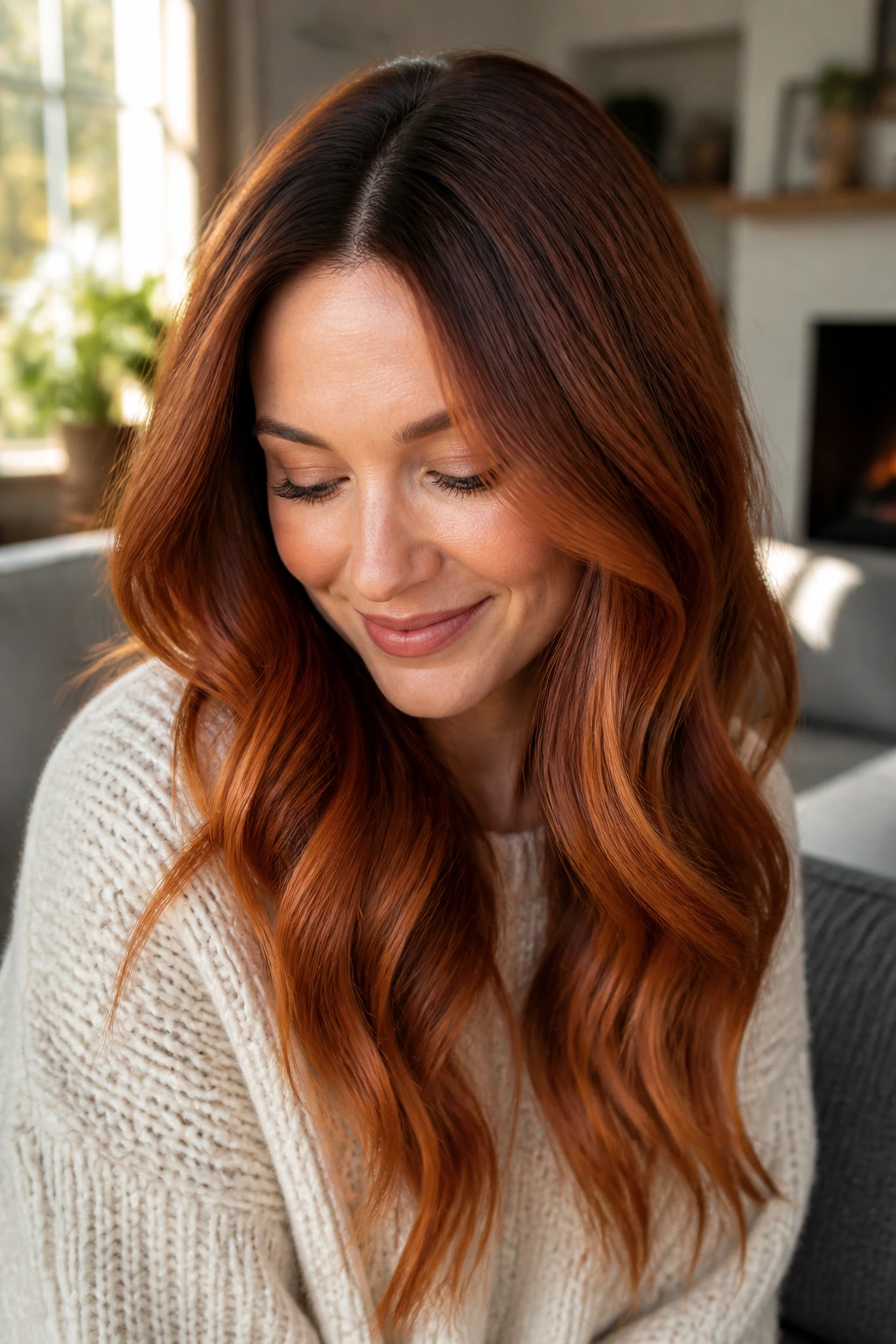 Close-up portrait of a woman with soft copper melt and shadow root under warm window light