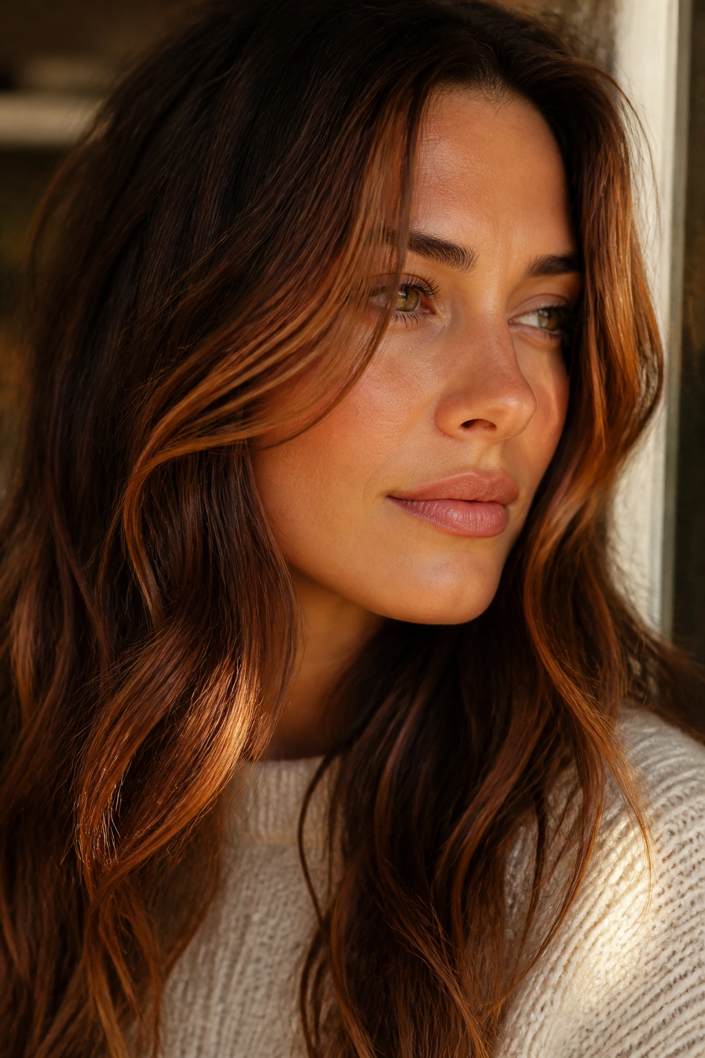 Brunette with soft copper strands around the face for warm depth.
