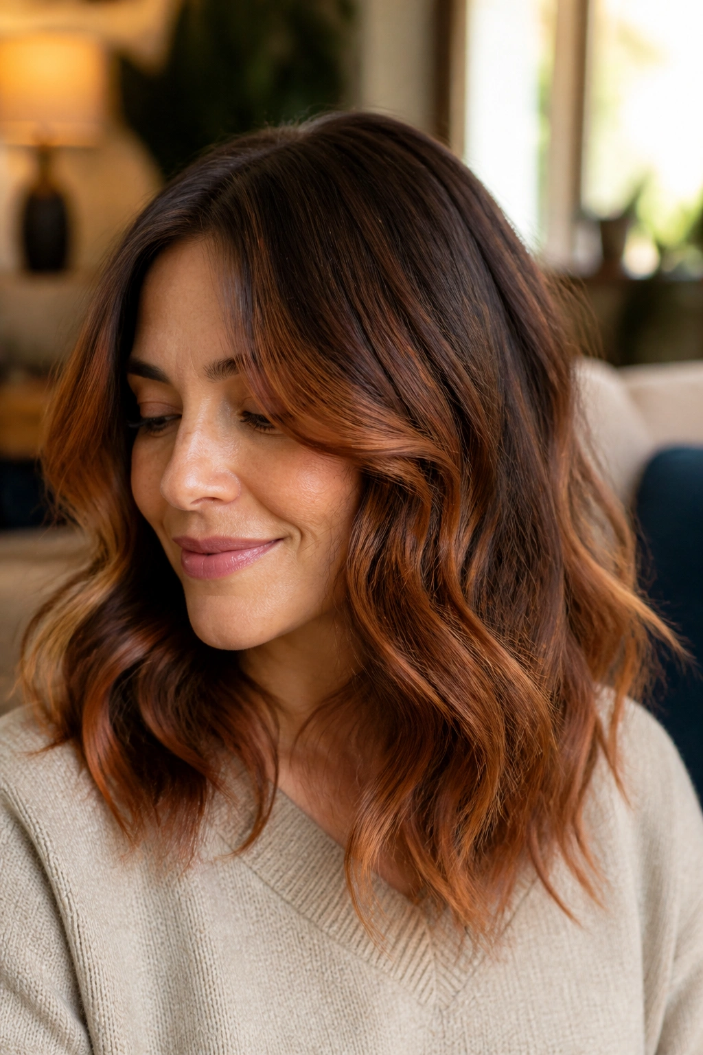 Close-up of chestnut brown hair with a soft copper veil through mids and ends.
