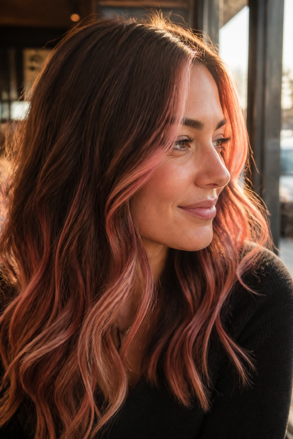 Close-up portrait with soft coral ribbon highlights in brown hair