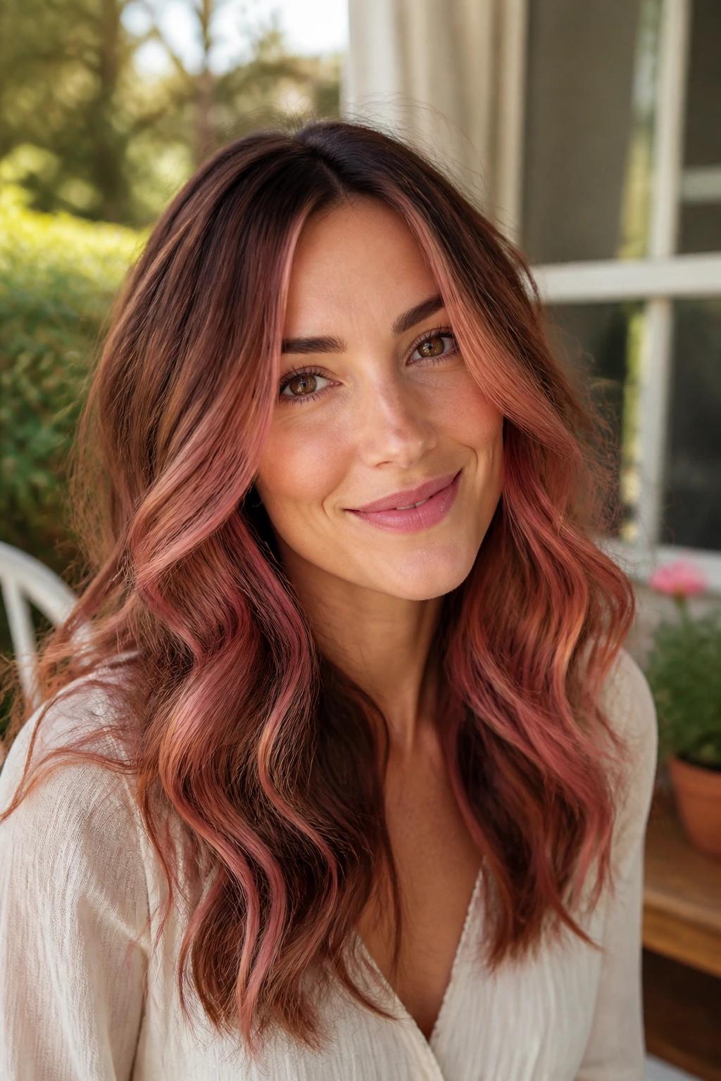 Close-up of real person with chestnut waves and soft coral-rose tones in warm light