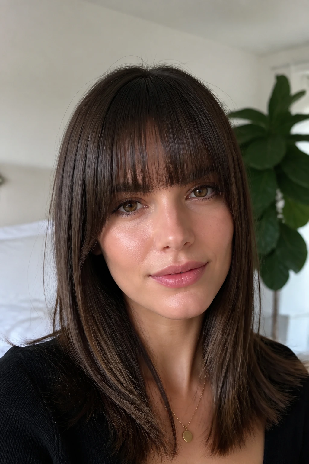 Close-up portrait of a woman with soft-corner straight bangs