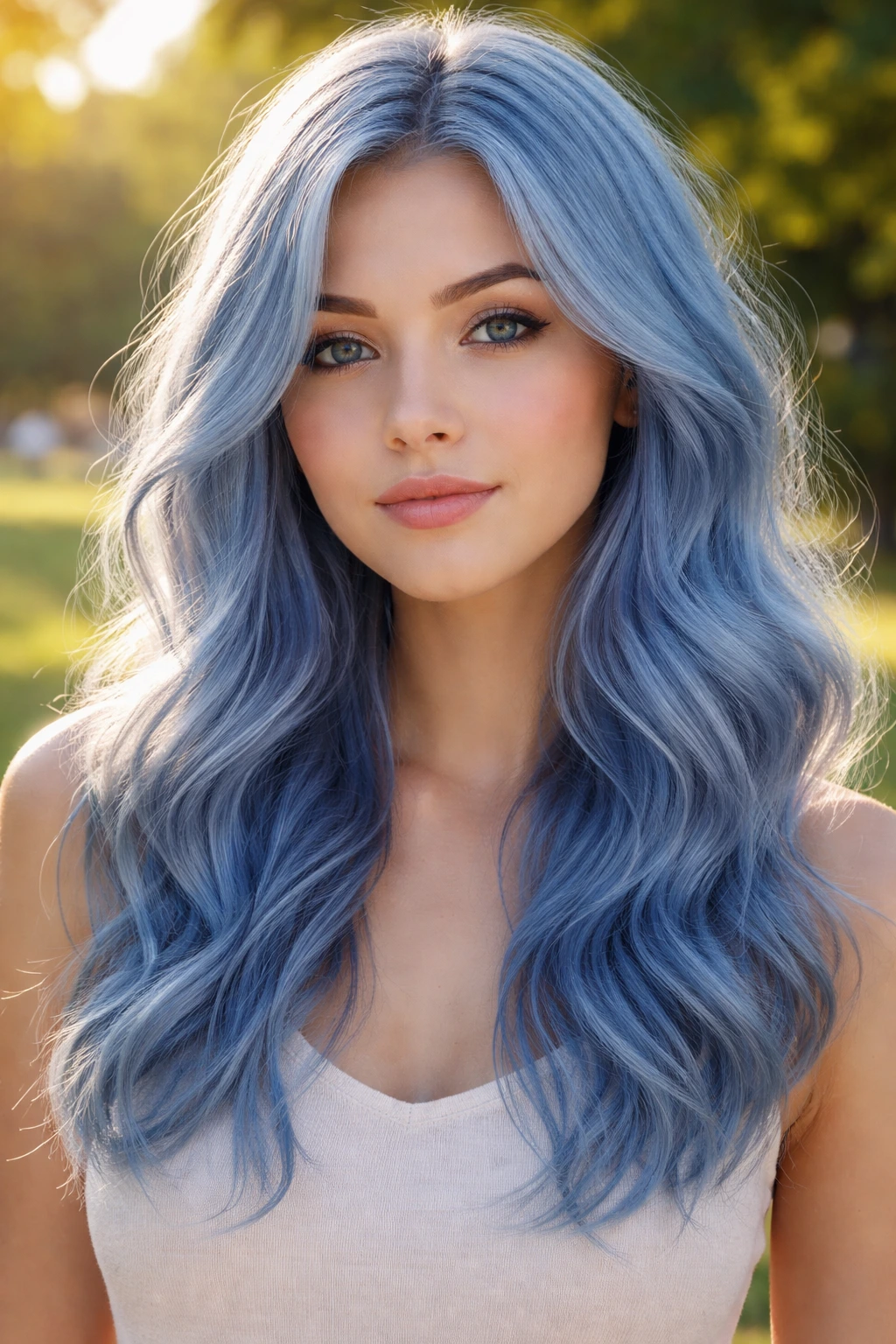 Close-up portrait of a real person with soft cornflower blue hair