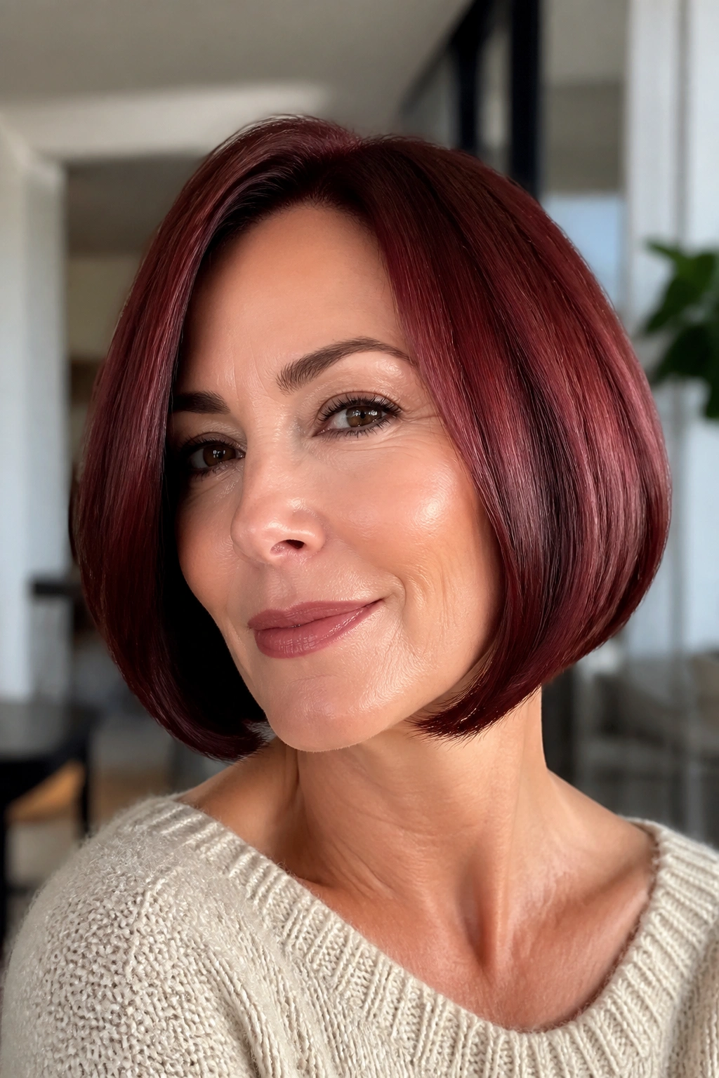 Close-up of a real woman with a soft cranberry bob in bright indoor light.