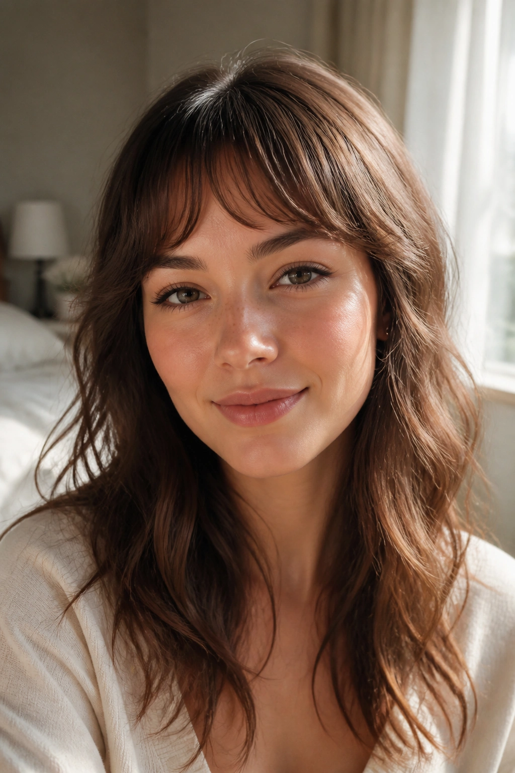 Close-up portrait of a woman with soft crescent bangs along the brow arc