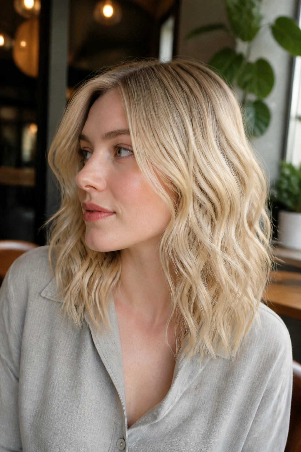 Close-up of a real woman with soft crimped blonde waves in warm cafe light