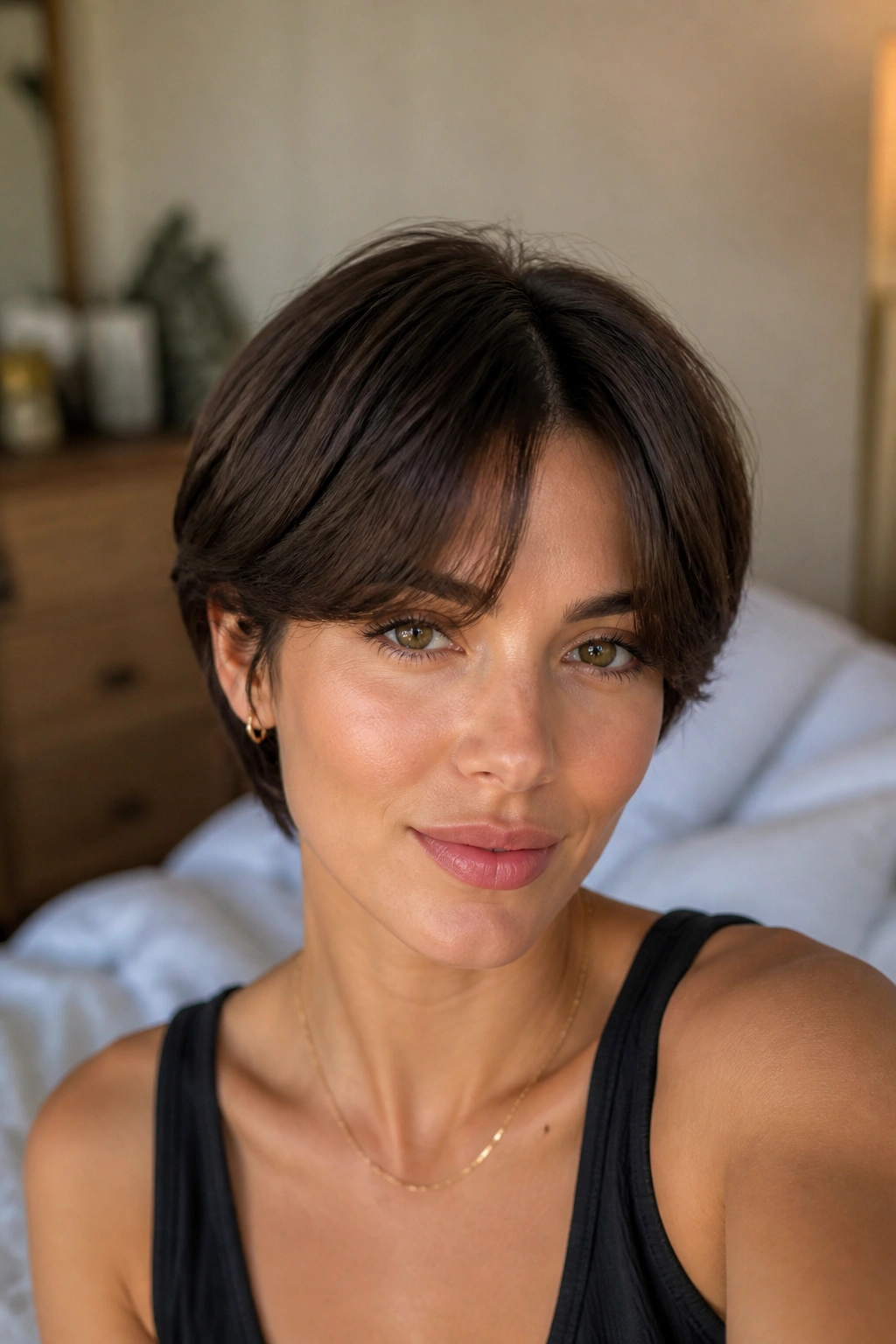 Close-up of a real woman with soft crop and curtain bangs under natural window light