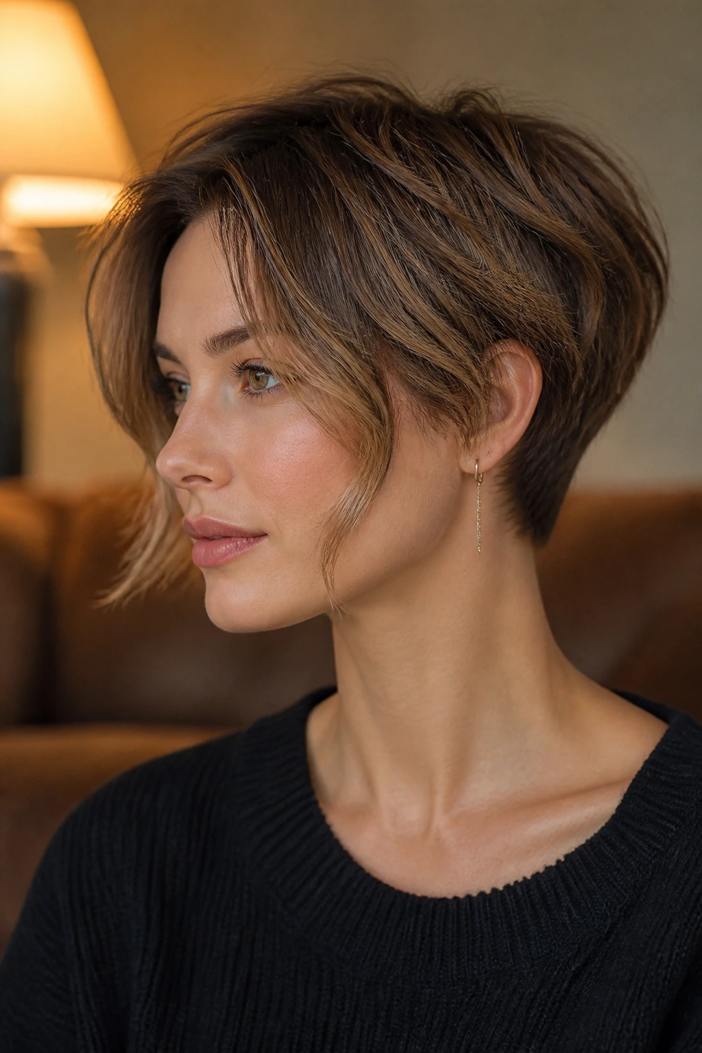 Close-up of a real woman with soft crop and face-framing tendrils around the cheeks