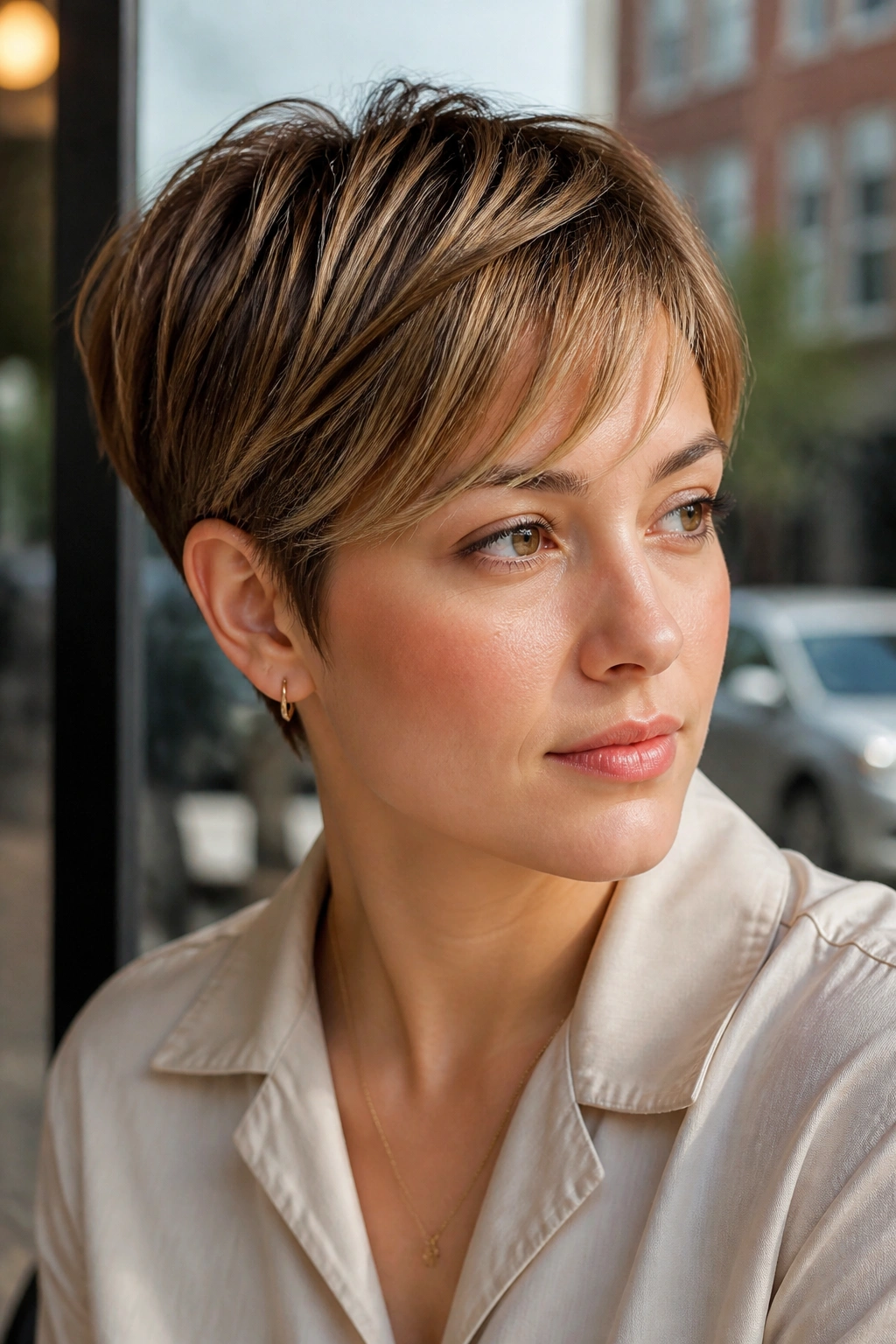 Close-up portrait of a real woman with a soft crop haircut and side bangs for a round face