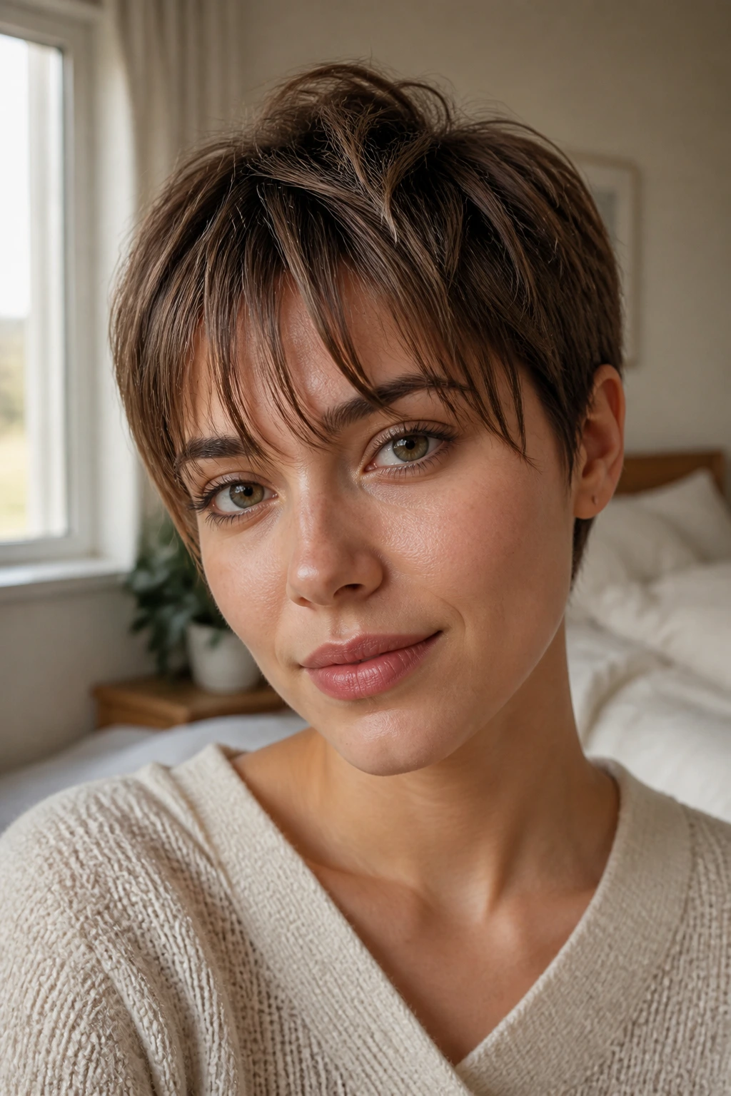 Close-up portrait of a real person with soft crop and wispy bangs