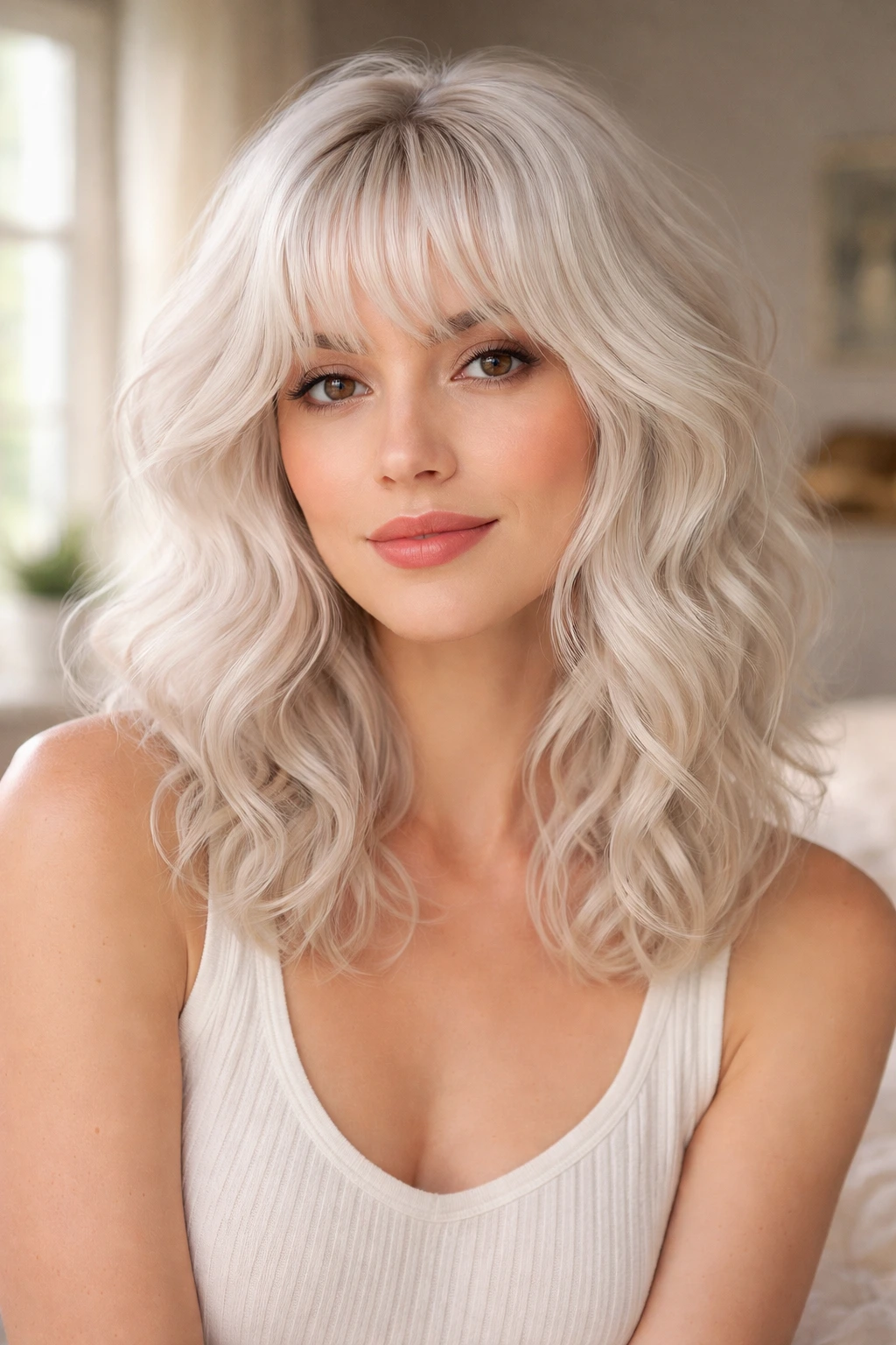 Real woman with soft curled bangs and mid-length white hair in a sunlit room