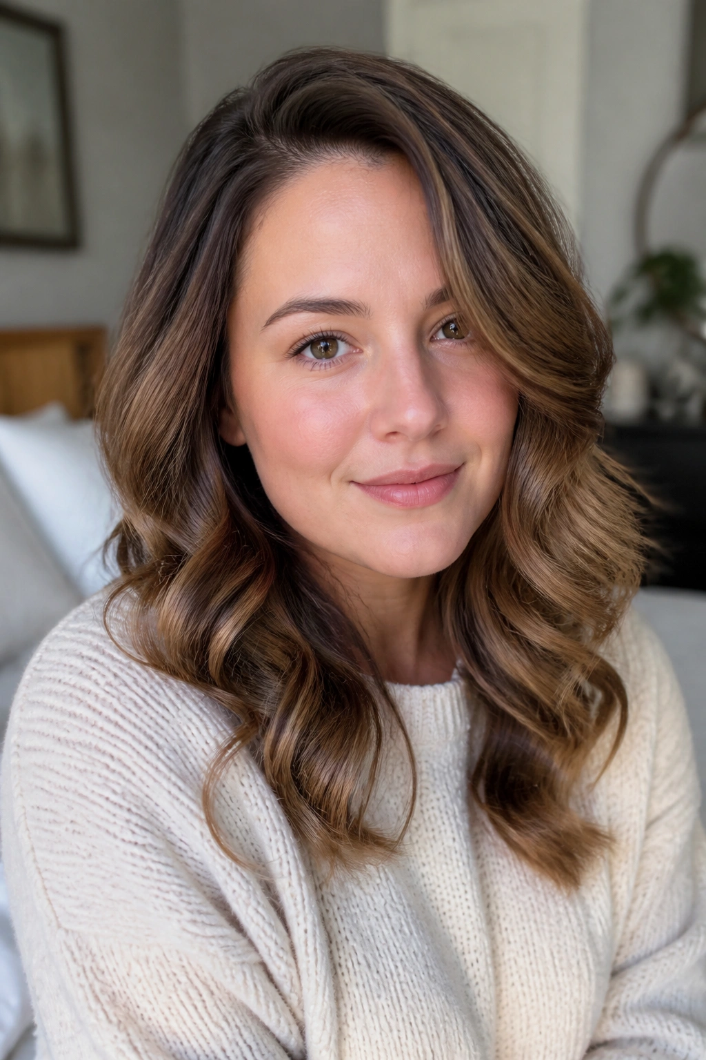 Portrait of a real woman with soft curls and a side part.