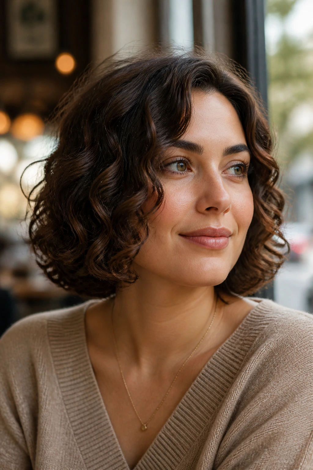 Portrait of real woman with soft curly bob and defined ends in window daylight.