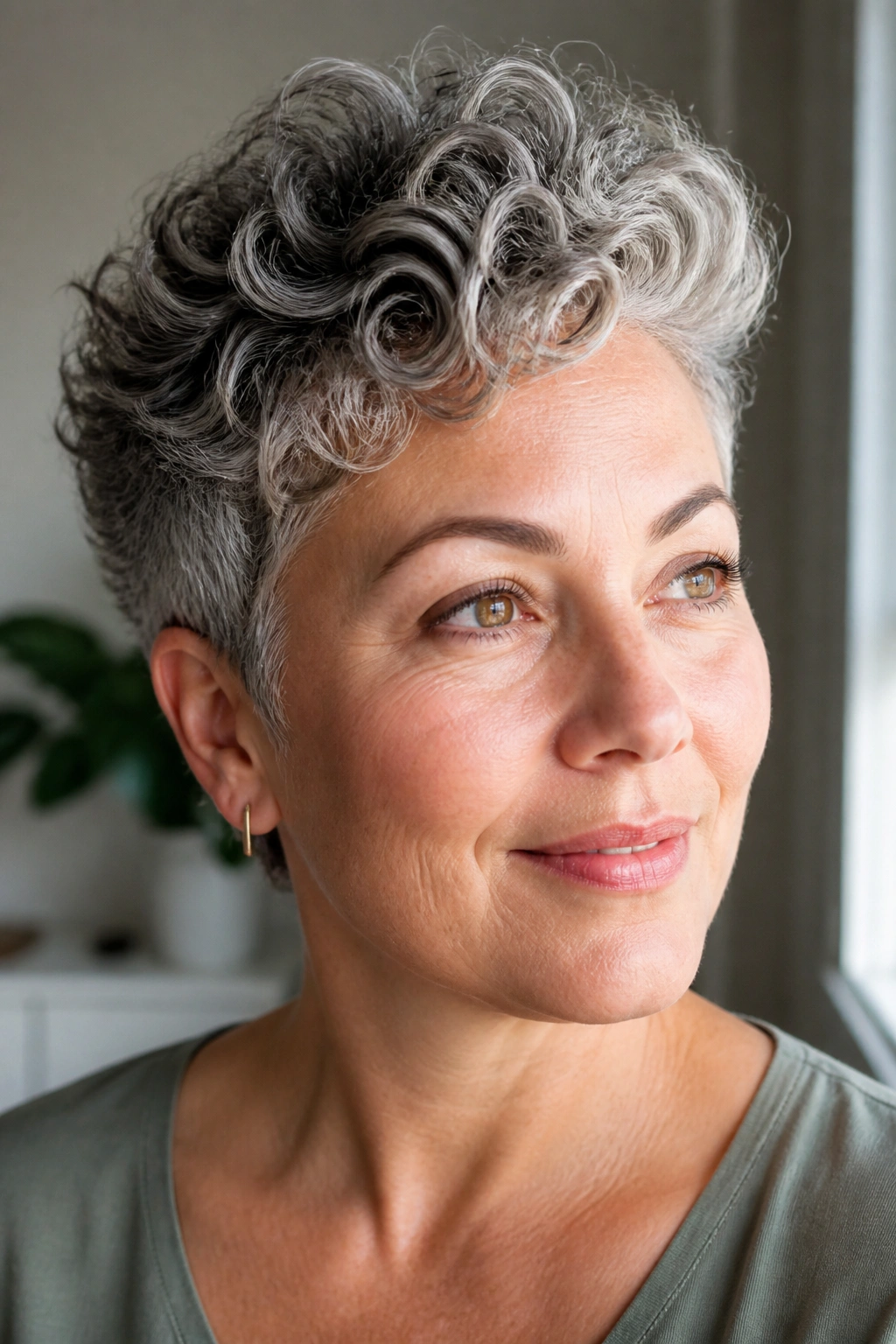 Close-up of a real woman with a soft curly crop lifted at the crown in warm window light