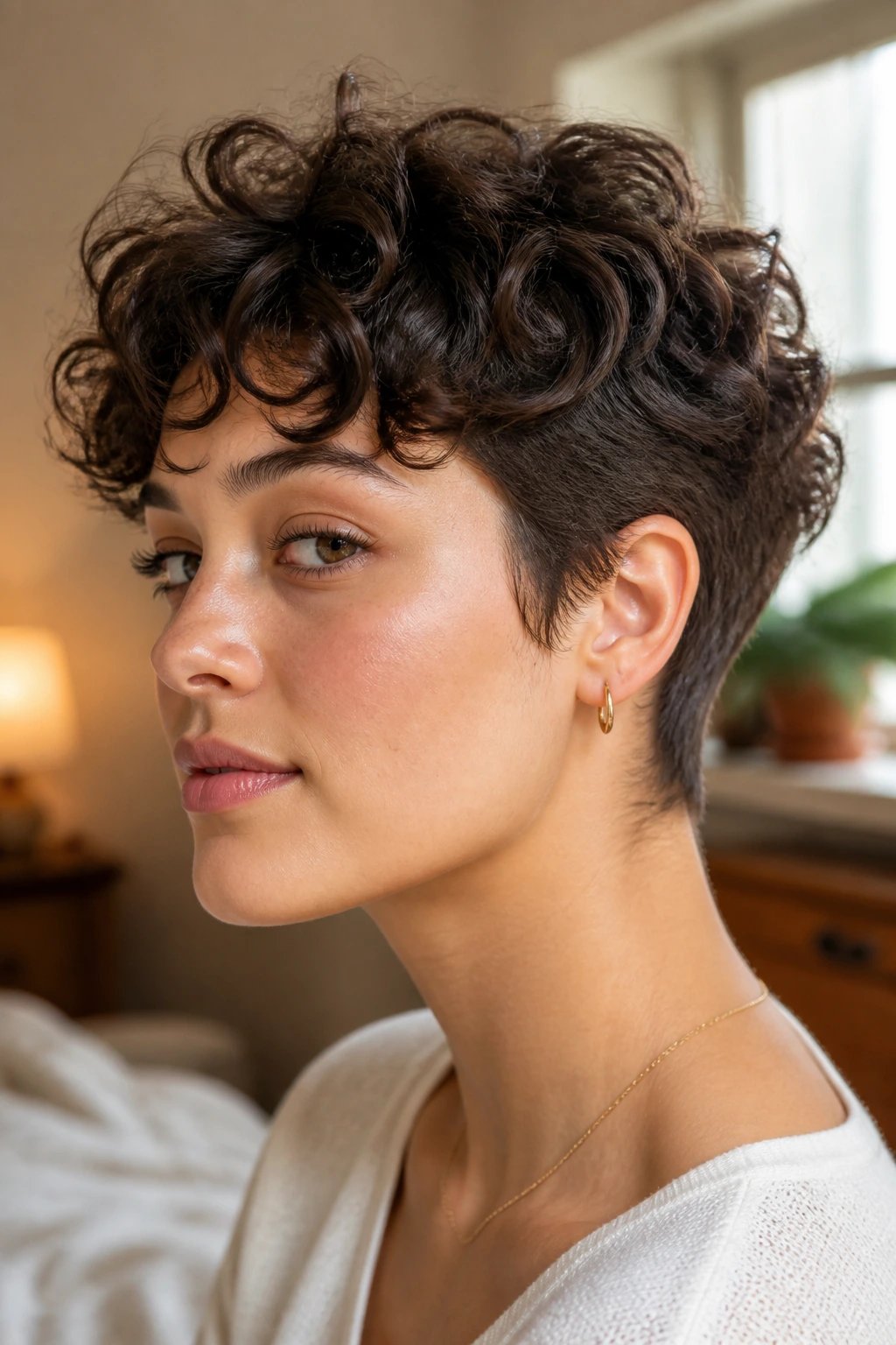 Close-up portrait of a real woman with soft curly crop and tapered nape