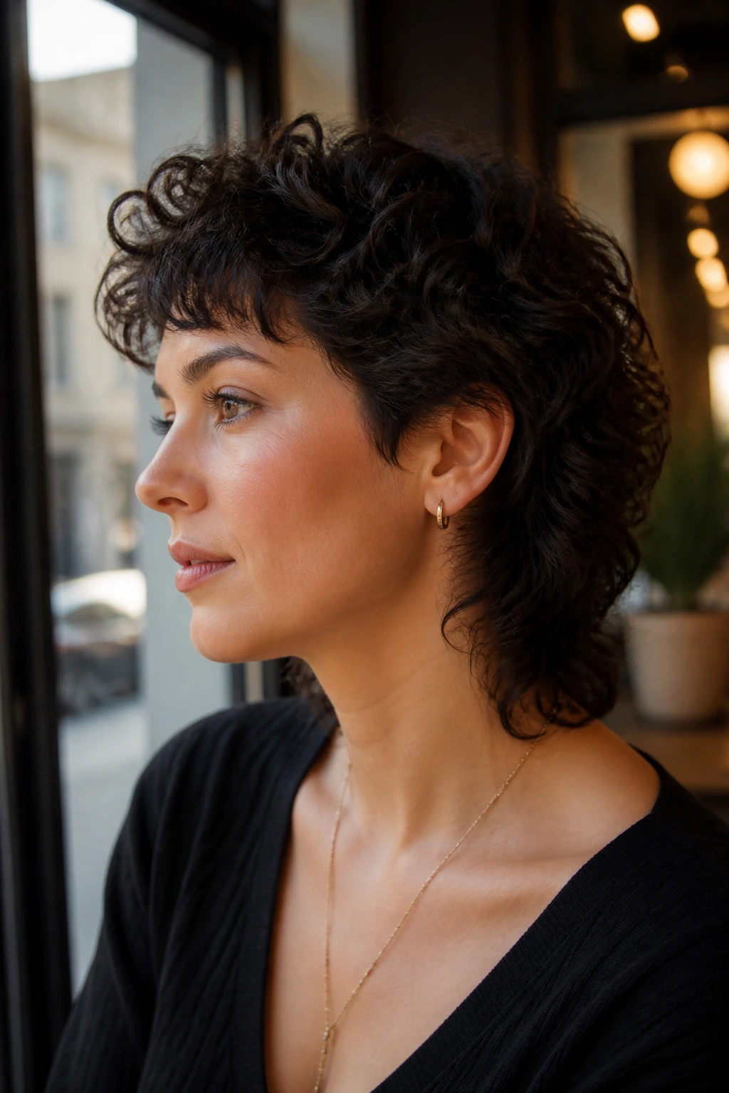 Close-up of a real woman with Soft Curly Mullet and tapered neckline