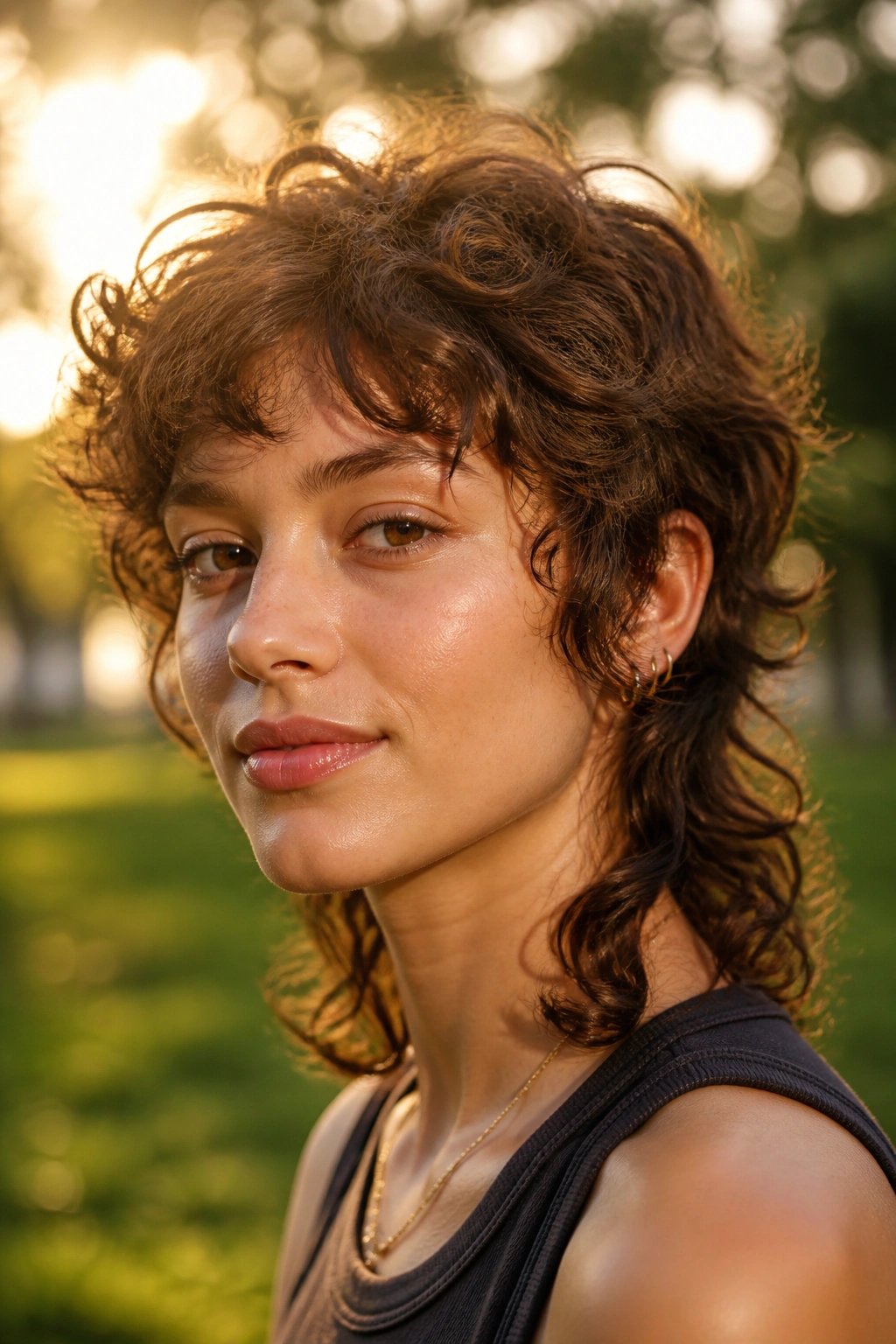 Close-up portrait of real person with soft curly mullet in park at golden hour