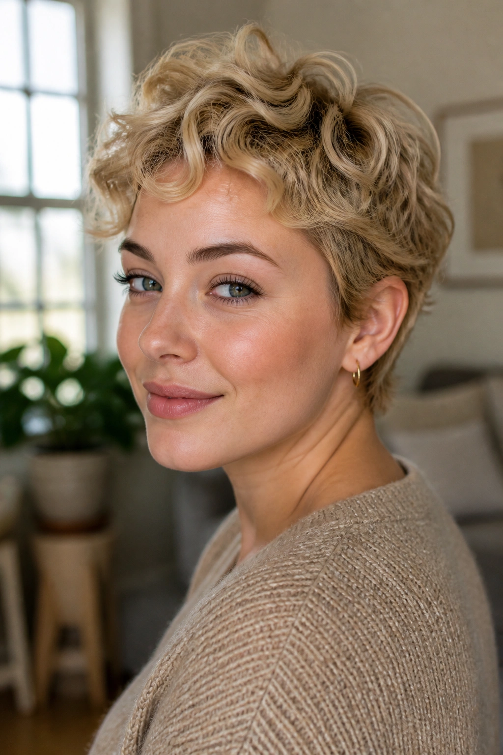 Close-up portrait of a real woman with a soft curly blonde pixie cut.