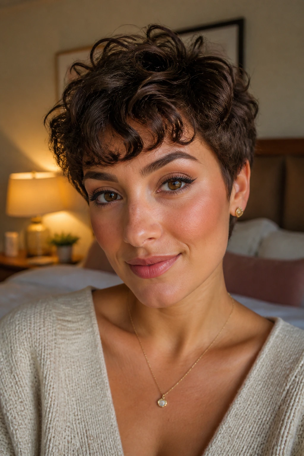 Close-up of a real woman with soft curly pixie fringe neckline