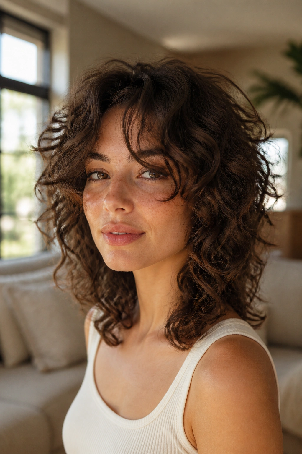 Real person with soft curly shag and airy curtain bangs in natural light