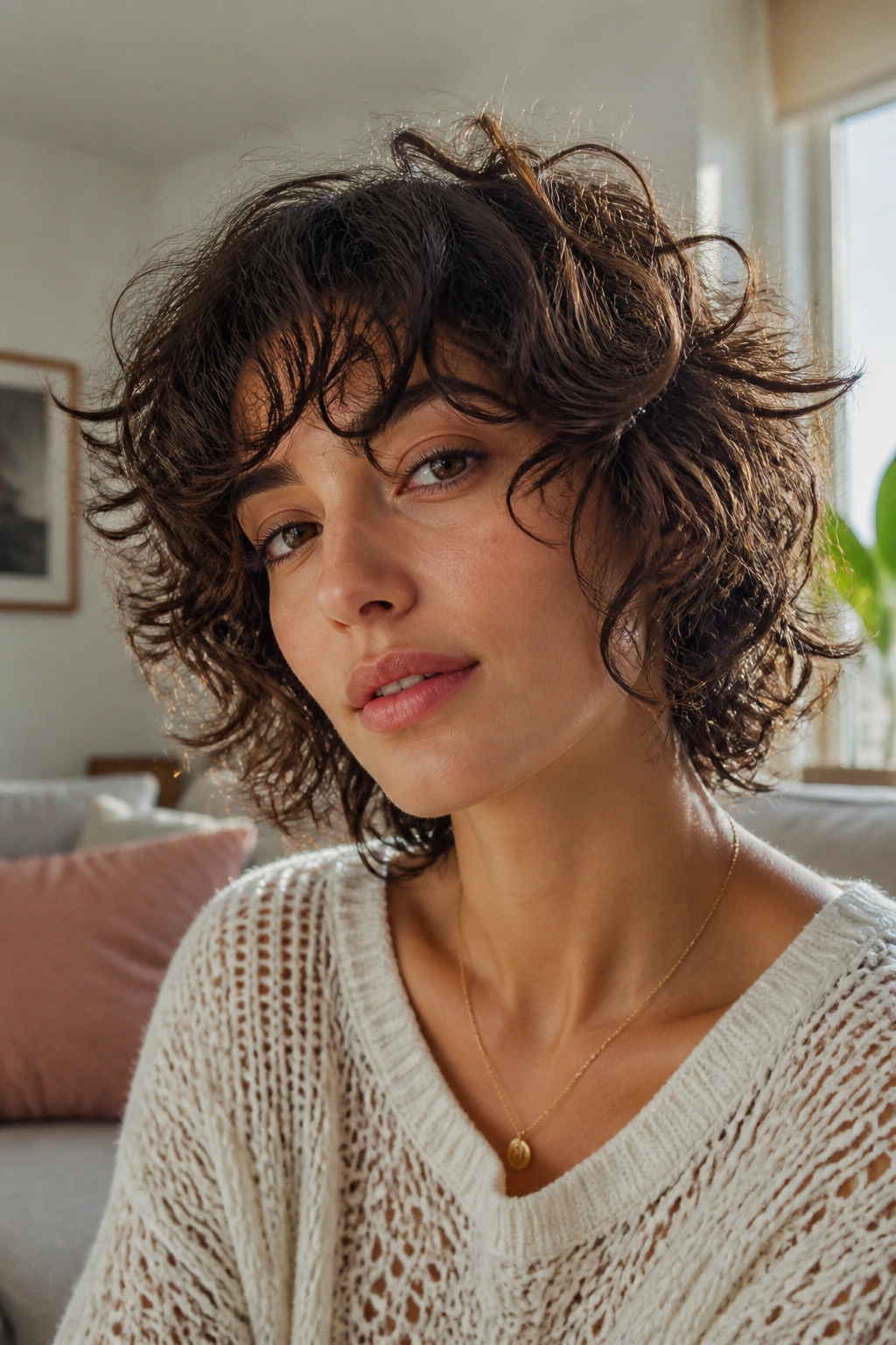 Portrait of a real woman with a soft curly shag haircut.