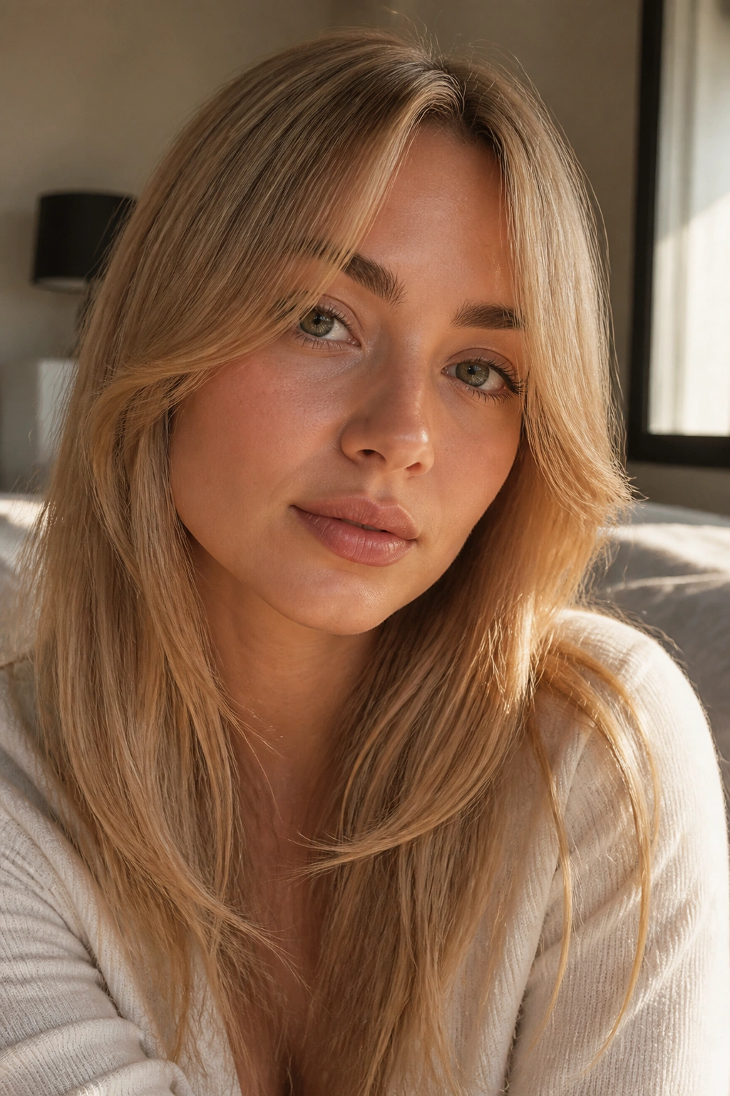 Close-up of a real woman with soft medium blonde curtain bangs in a cozy bedroom