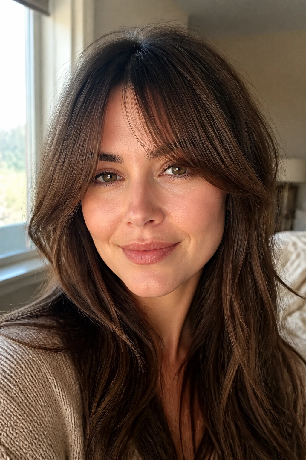 Close-up of a woman with soft curtain bangs under the brows and cheekbone-length outer pieces