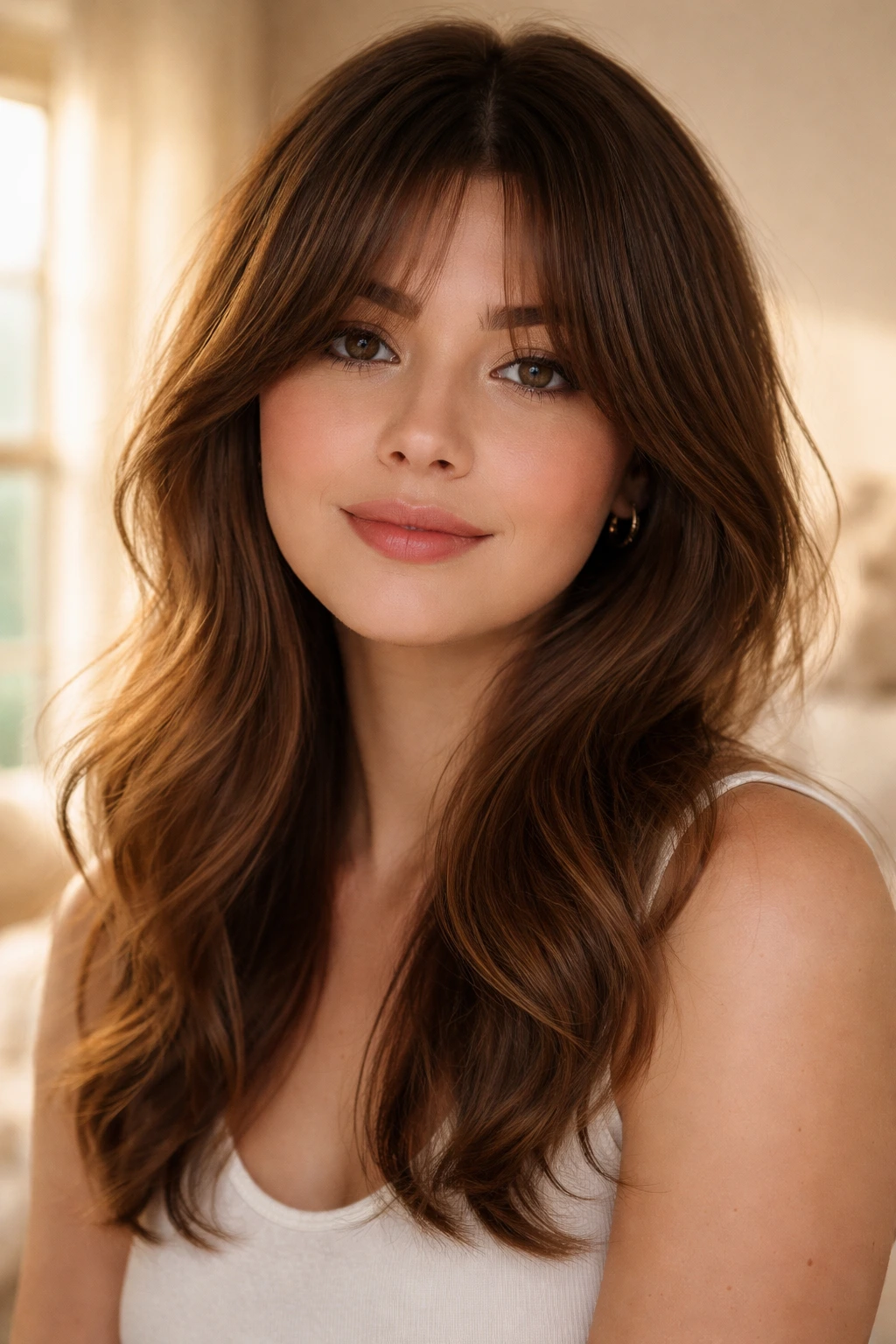 Close-up of a real woman wearing soft curtain bangs under natural window light.