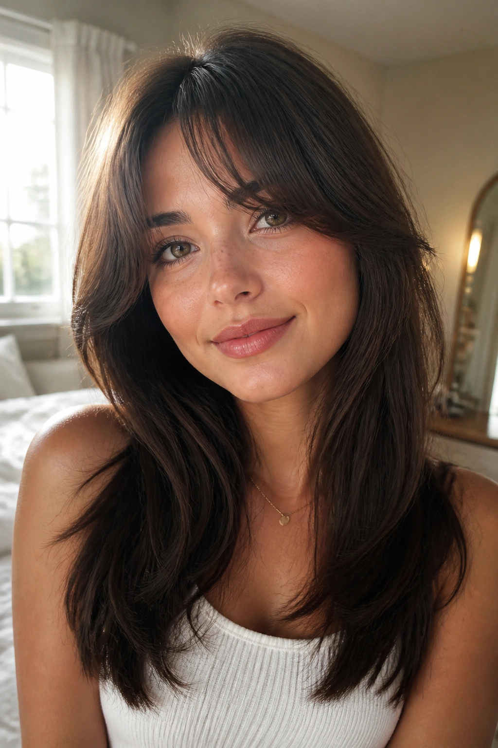 Close-up portrait of a real woman with soft curtain bangs for round faces.