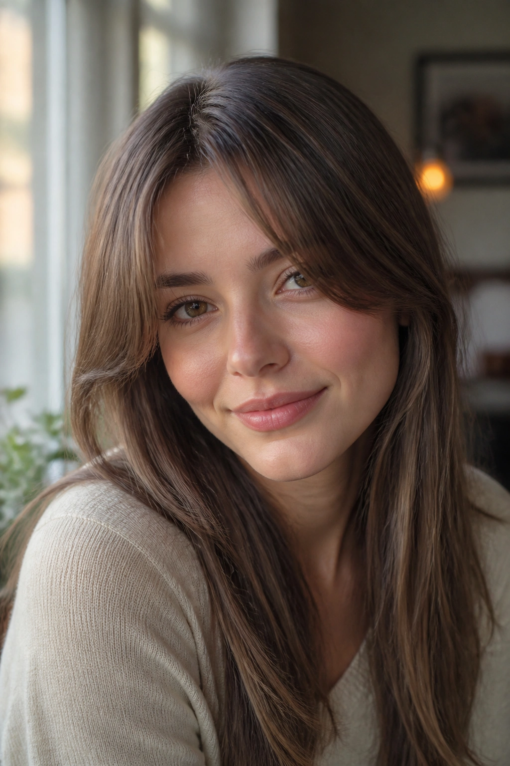 Close-up portrait of a real woman with soft center curtain bangs on straight hair