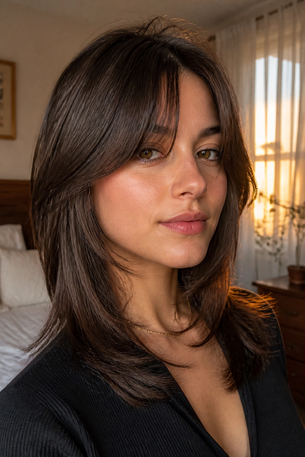 Close-up portrait of a real woman with soft curtain fringe and cheekbone-skimming layers