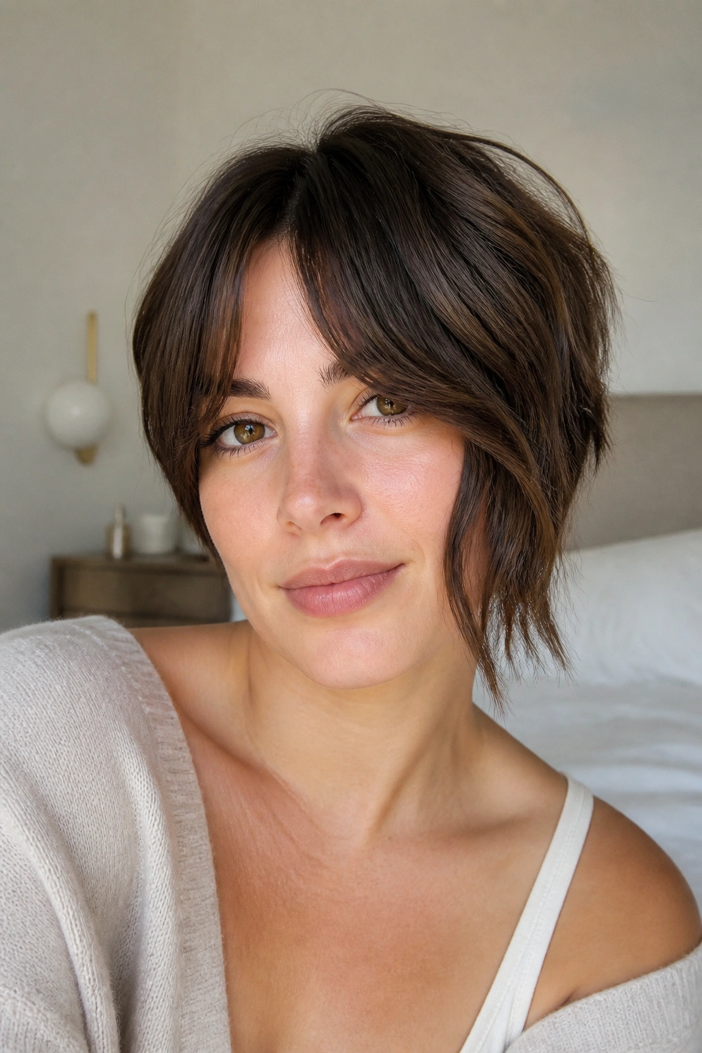 Portrait of a real person with Soft Asymmetrical Crop With Curtain Fringe showing off-center fringe and longer side