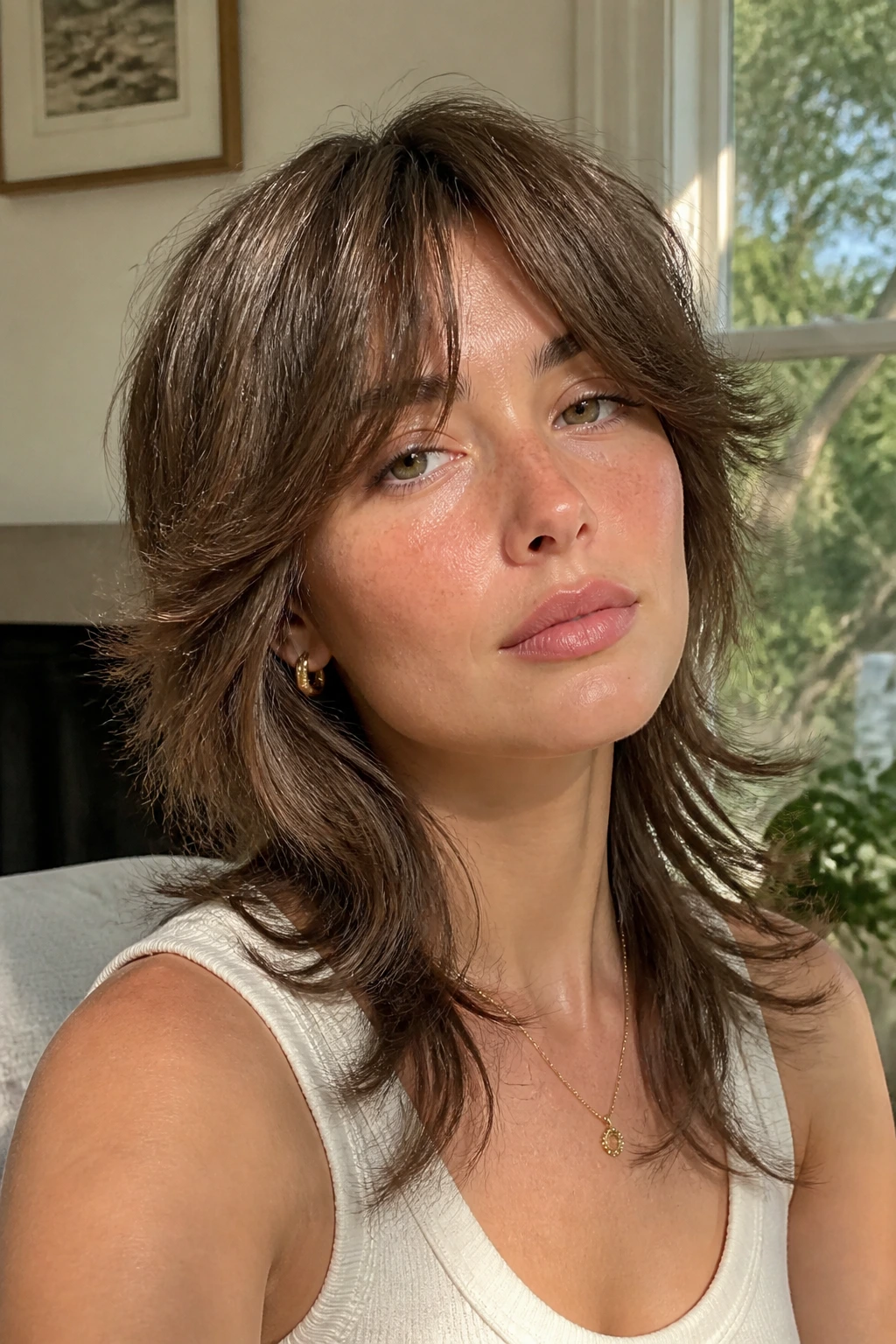 Close-up portrait of a real woman with soft curtain bangs and shaggy mullet in warm window light