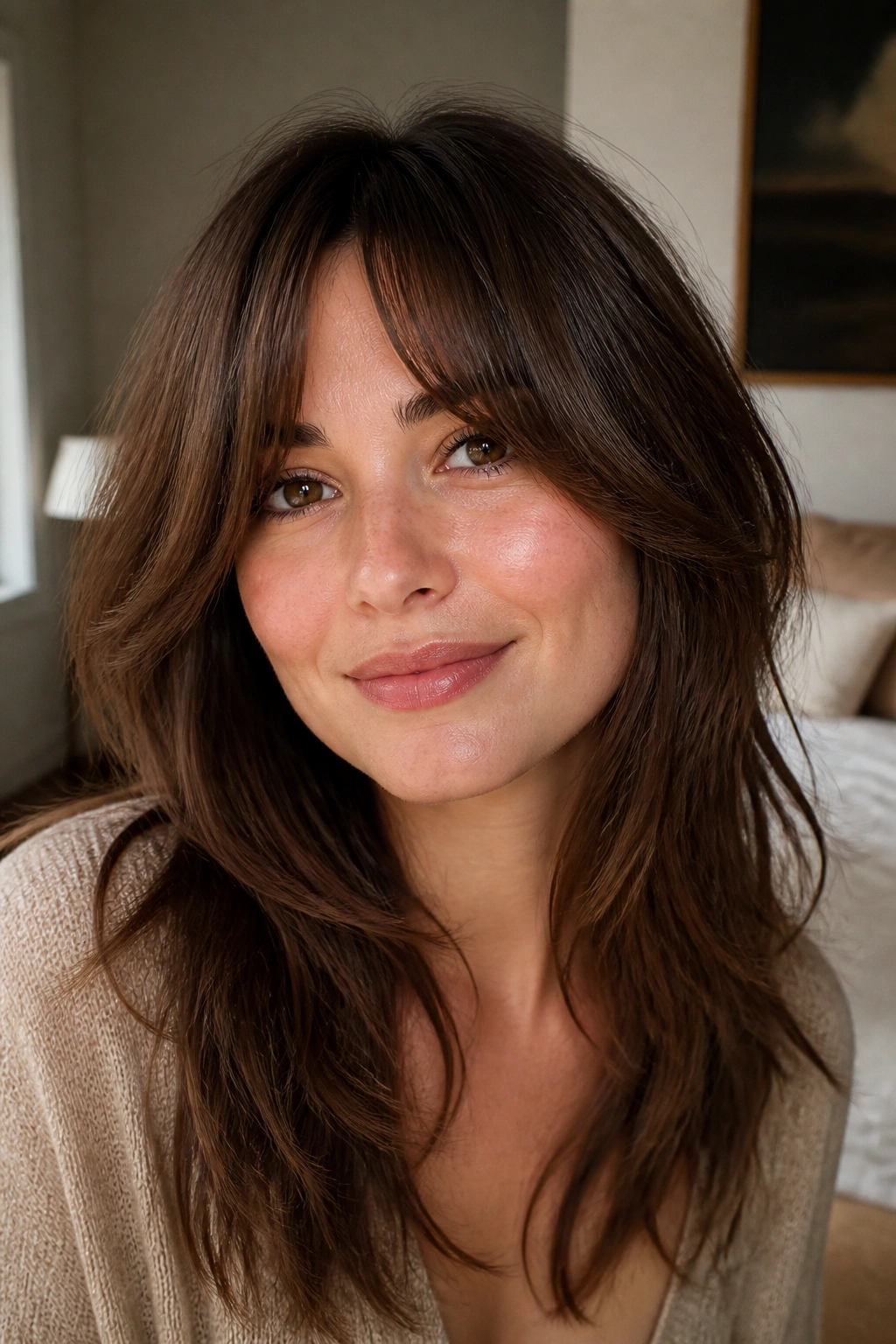 Close-up portrait of a real woman with cheekbone-grazing bangs and soft curtain shag in warm bedroom light