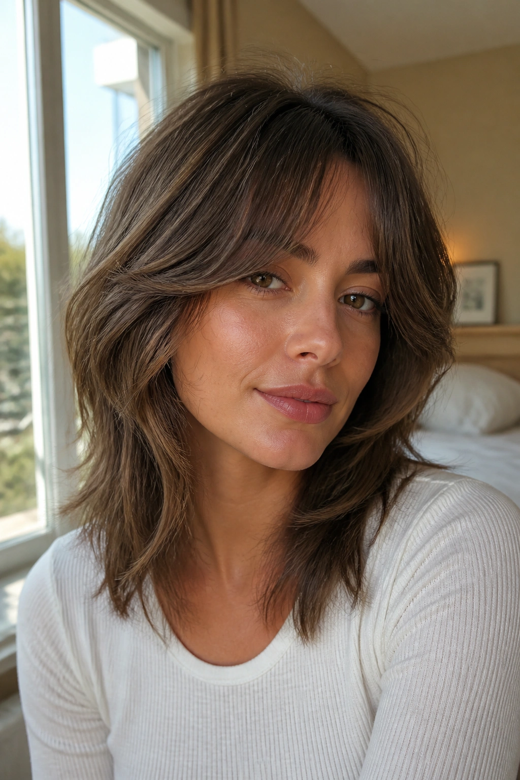 Close-up portrait of a woman with soft curtain shag and narrow face-frame