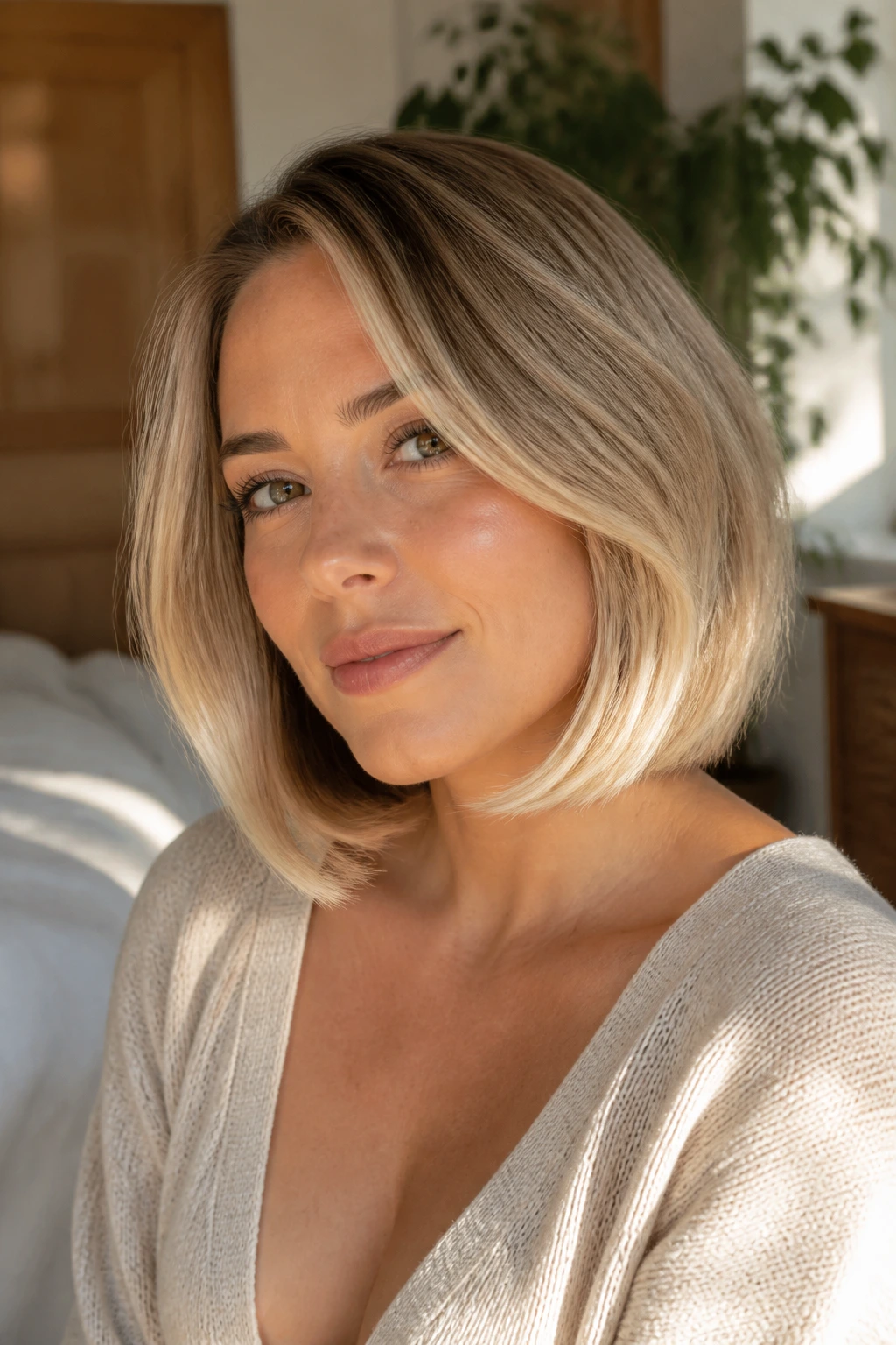 Real woman with soft curved bob and bright blonde ends in warm home light.