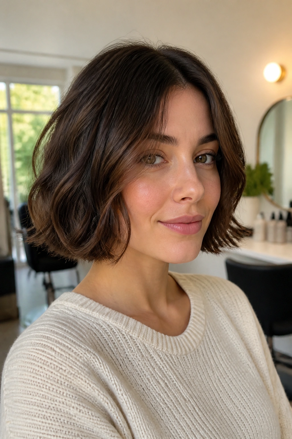 Close-up of a real woman with Soft Curved Bob With Minimal Layers showing a smooth jaw-length curve
