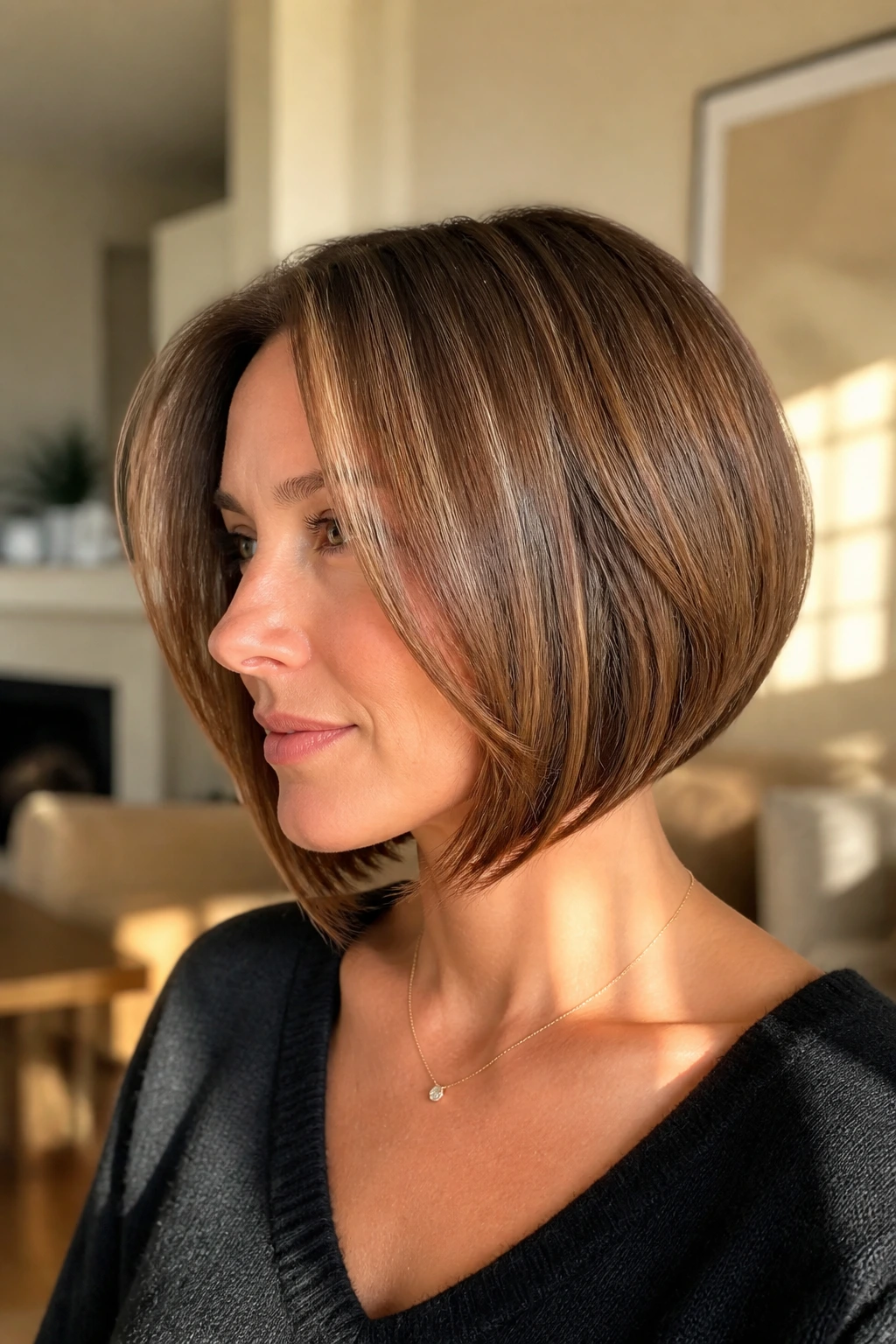 Close-up of a real person with a soft curved inverted bob and inward-beveled ends.