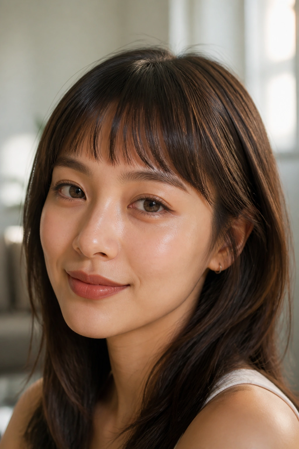 Close-up of a real woman with soft curved micro bangs sitting above the brow bone