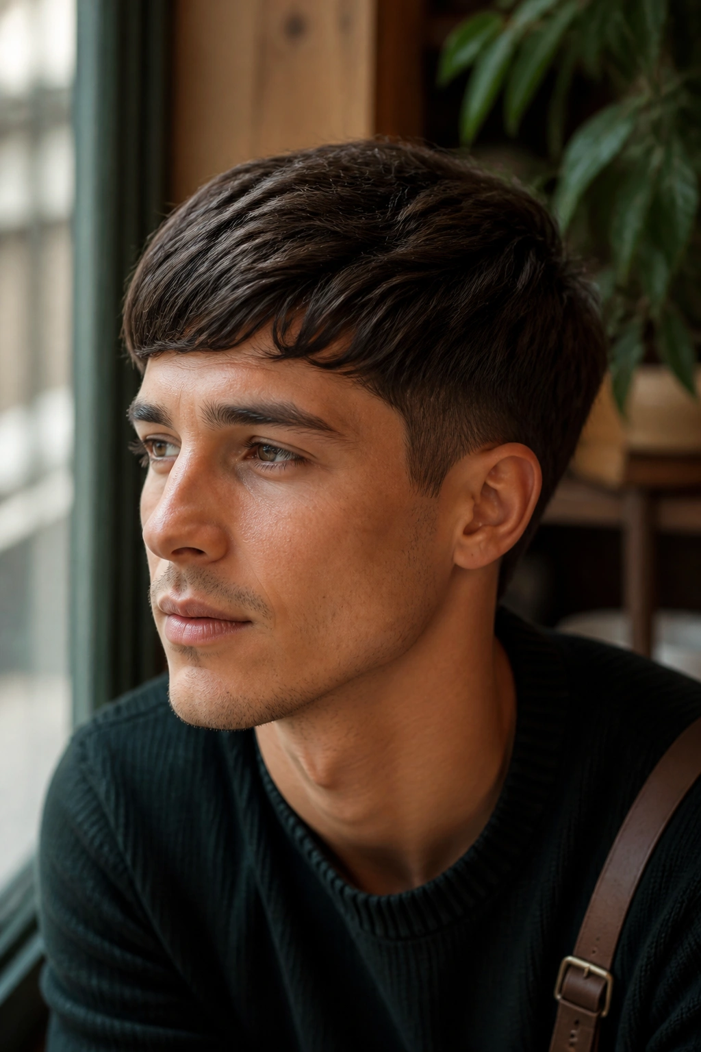 Close-up portrait of a real person with a soft curved pixie haircut in warm light