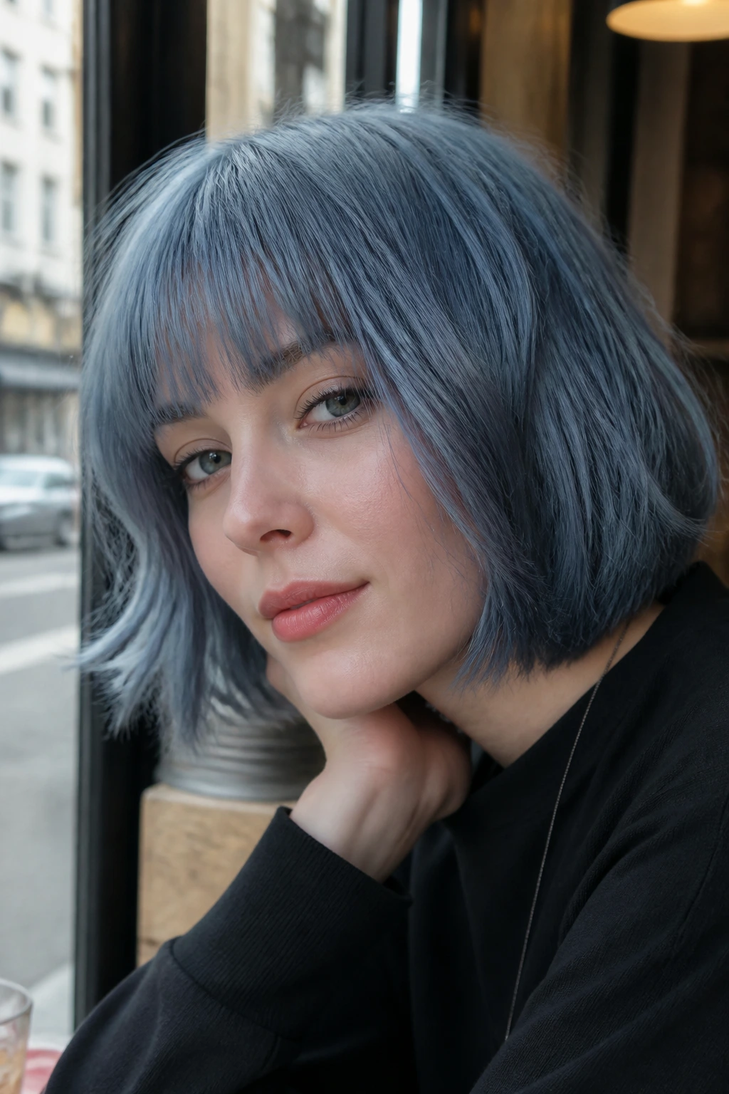 Close-up portrait of a real person with soft denim blue hair.