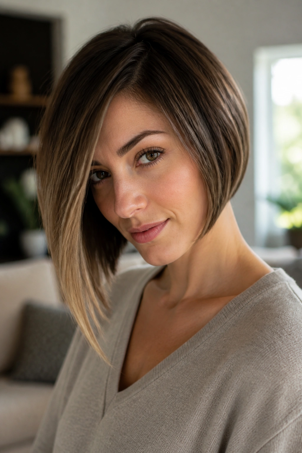 Close-up portrait of a real woman with a soft diagonal bob and longer front corner in window light