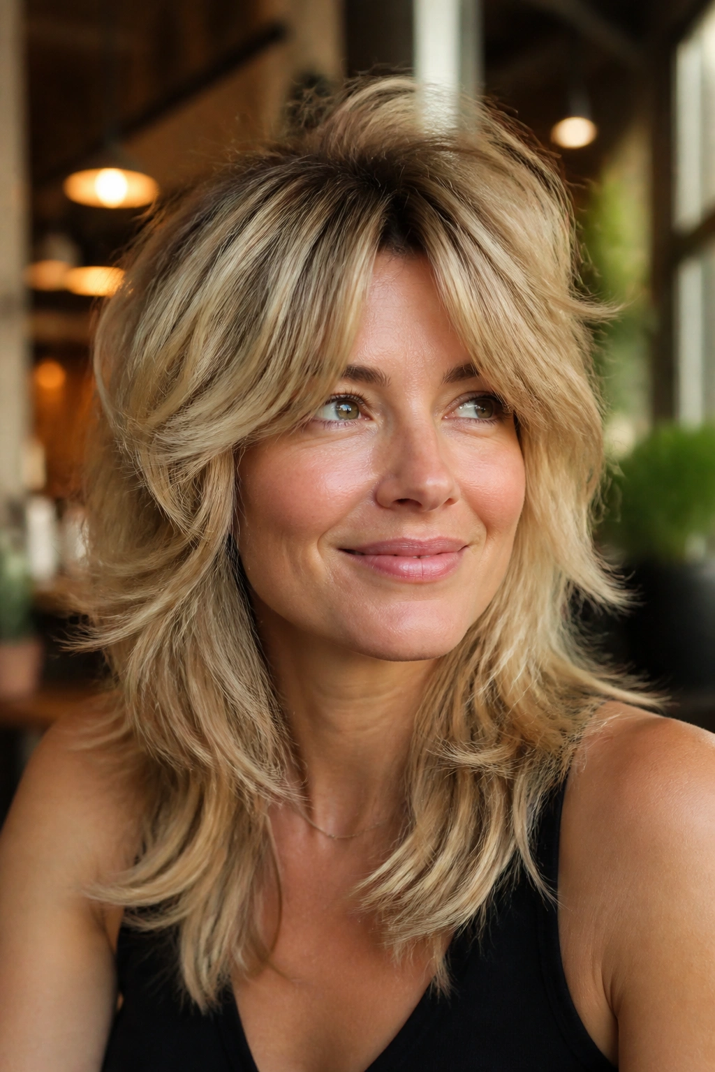 Close-up portrait of a real woman with soft disco shag in warm lighting
